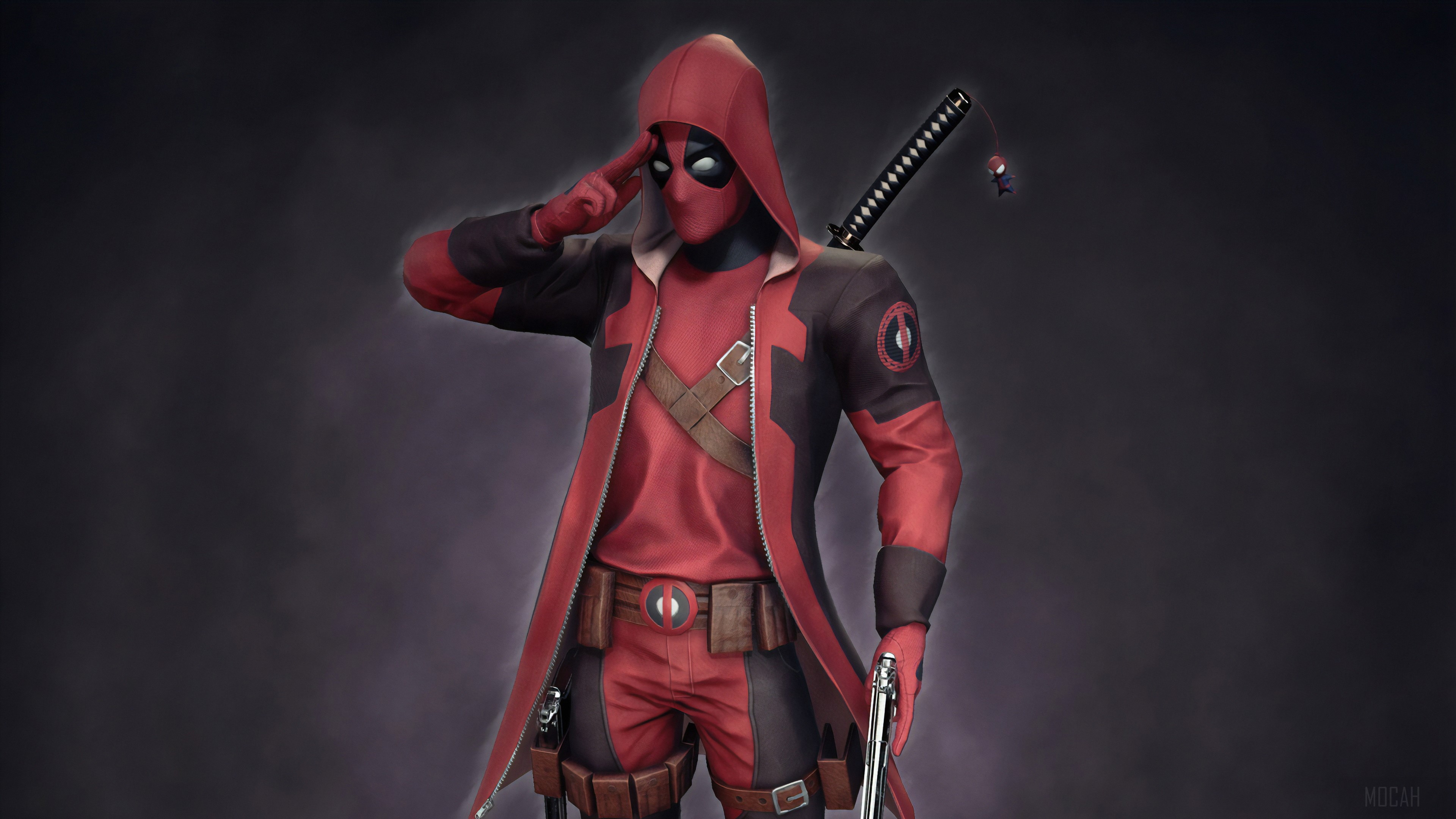 Deadpool in a red hooded jacket with swords 4K HD Wallpaper