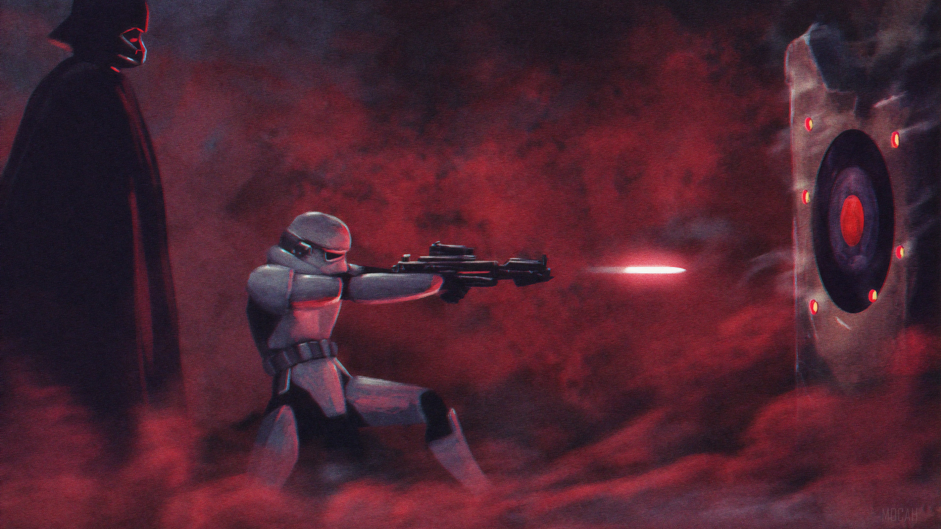 Stormtrooper aiming a blaster rifle with Darth Vader behind HD Wallpaper