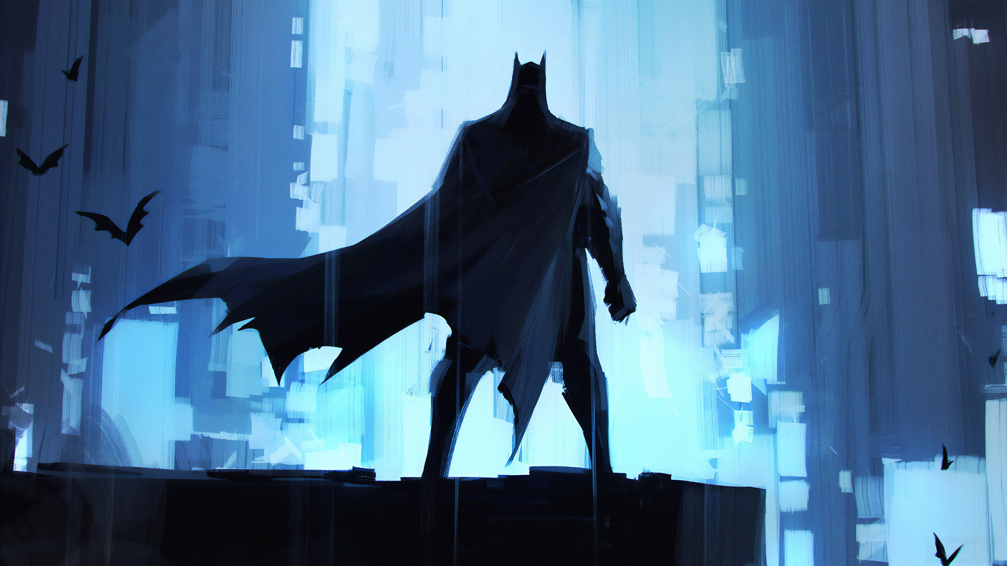 Batman standing on a rooftop with bats flying HD Wallpaper
