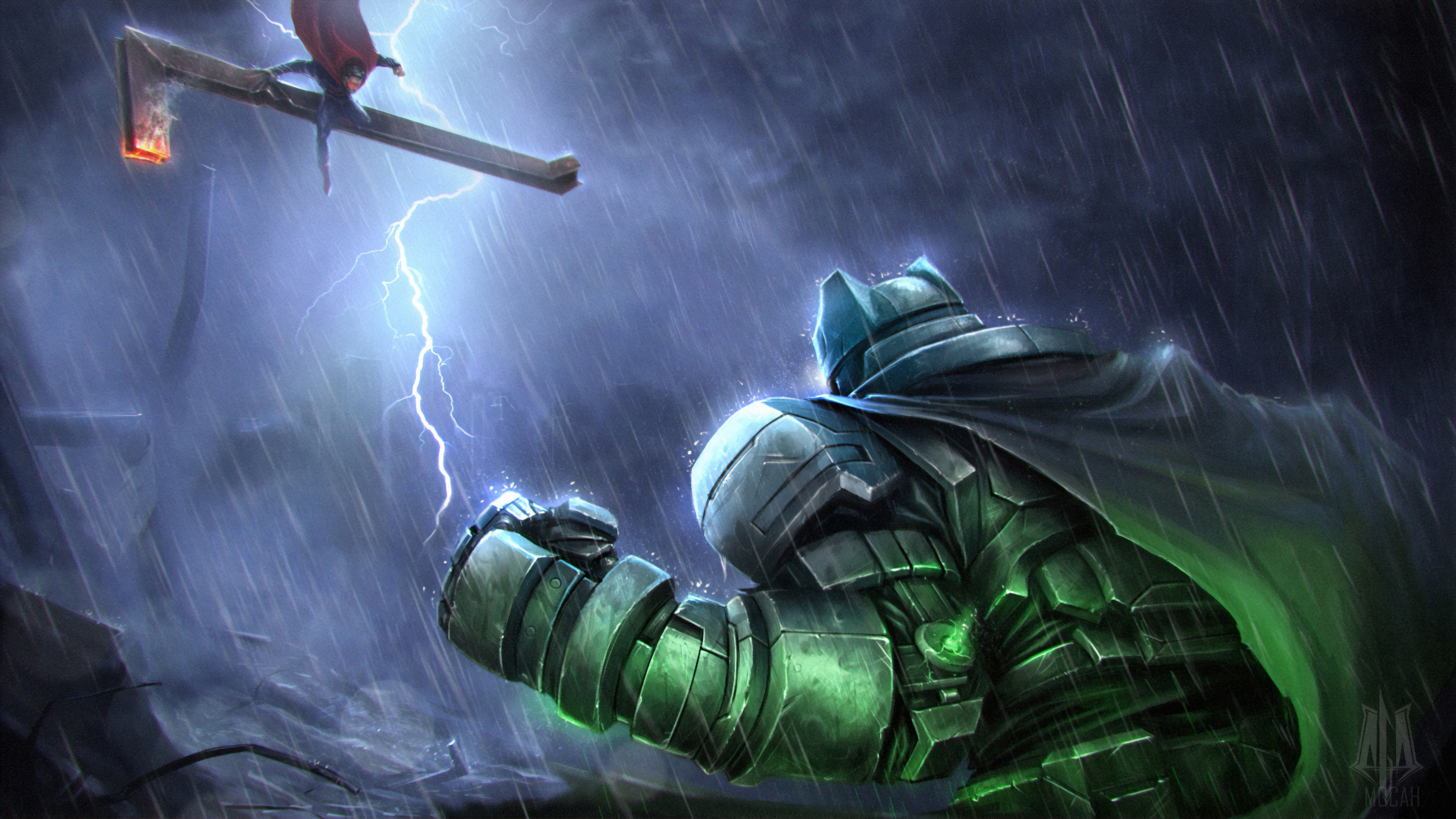 Batman and Superman fight in the rain HD Wallpaper