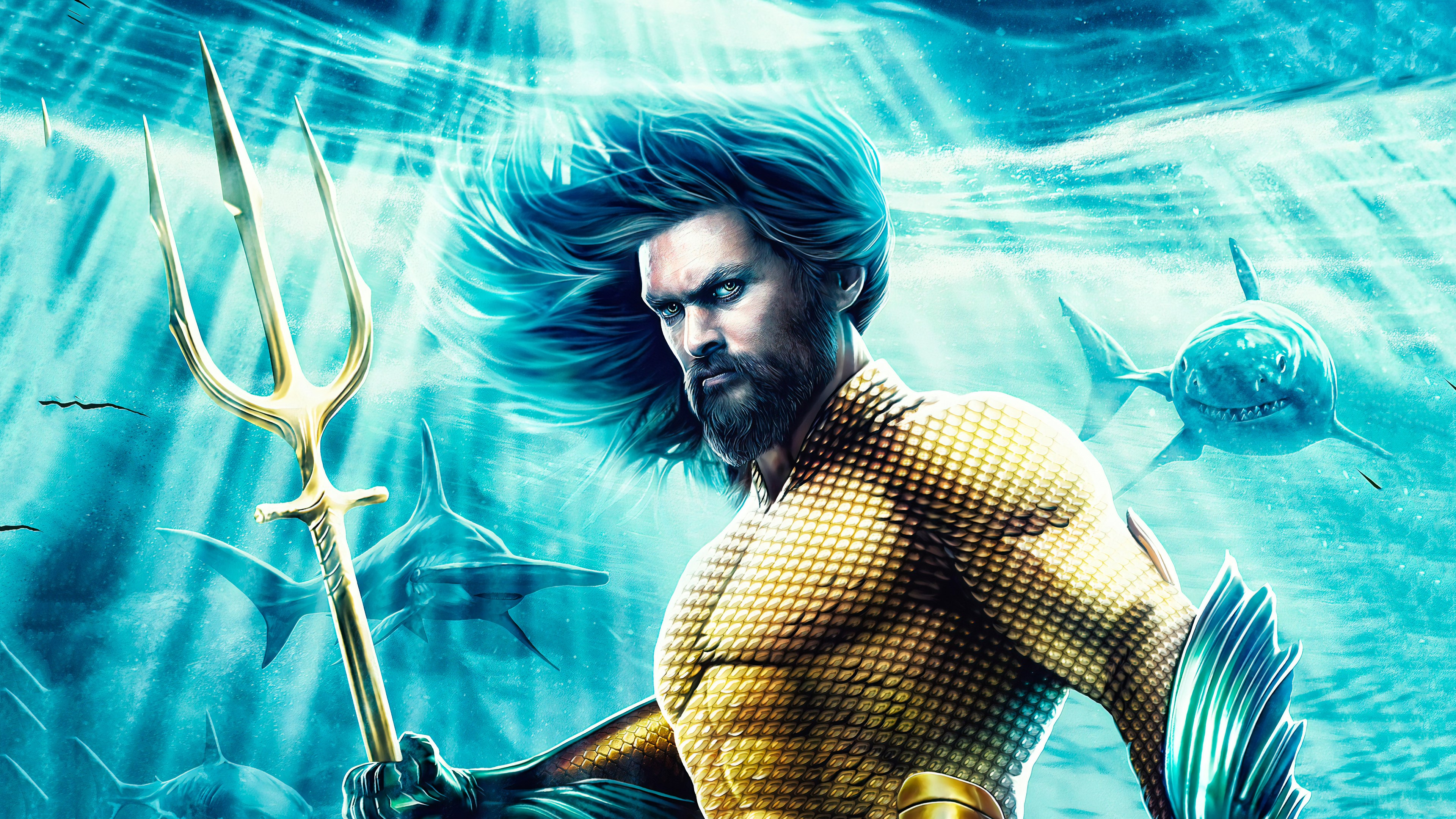 Aquaman from DC Comics holding a trident with sharks HD Wallpaper
