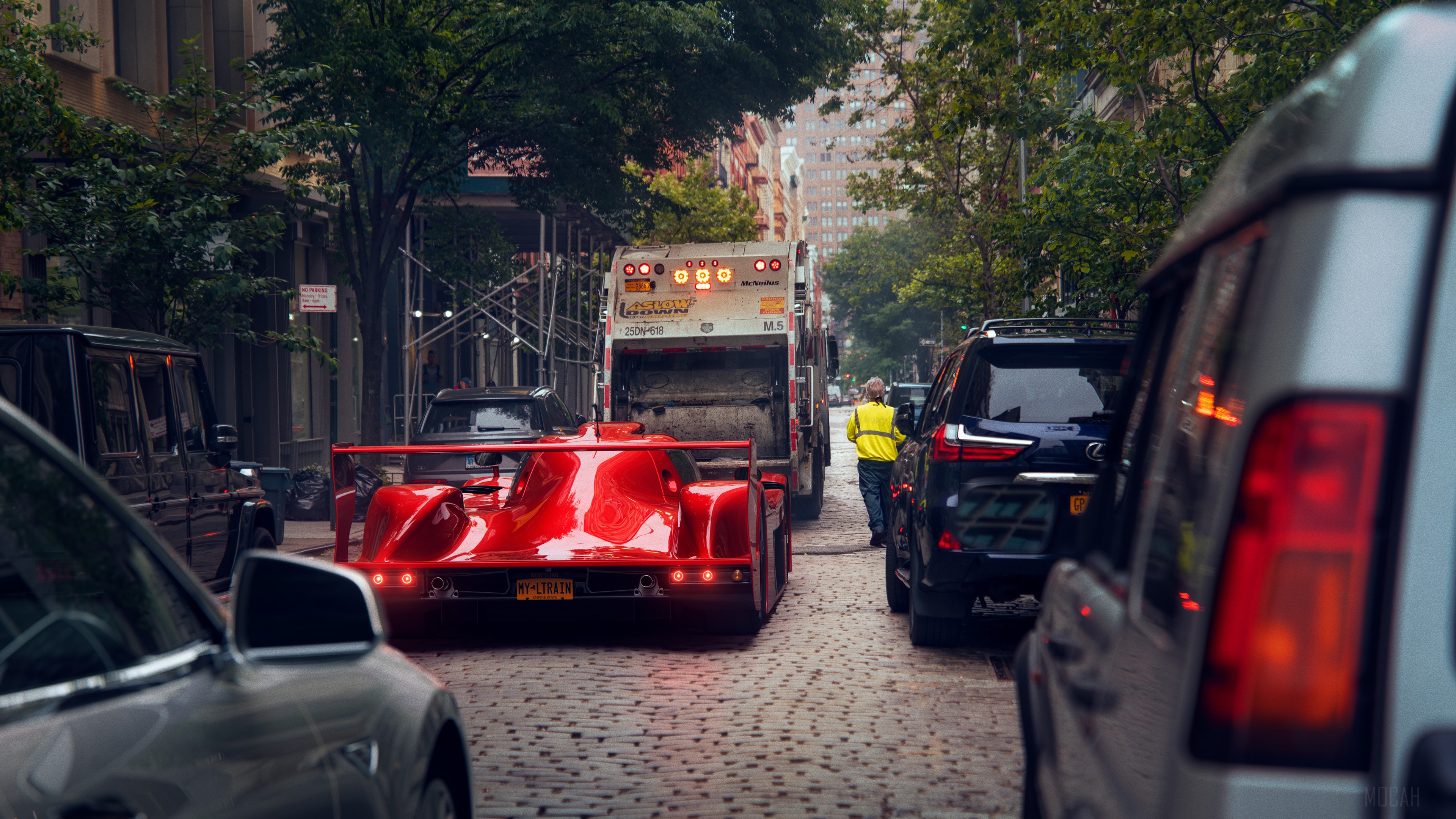 Red Sports Car on a Cobblestone Street with Garbage Truck HD Wallpaper