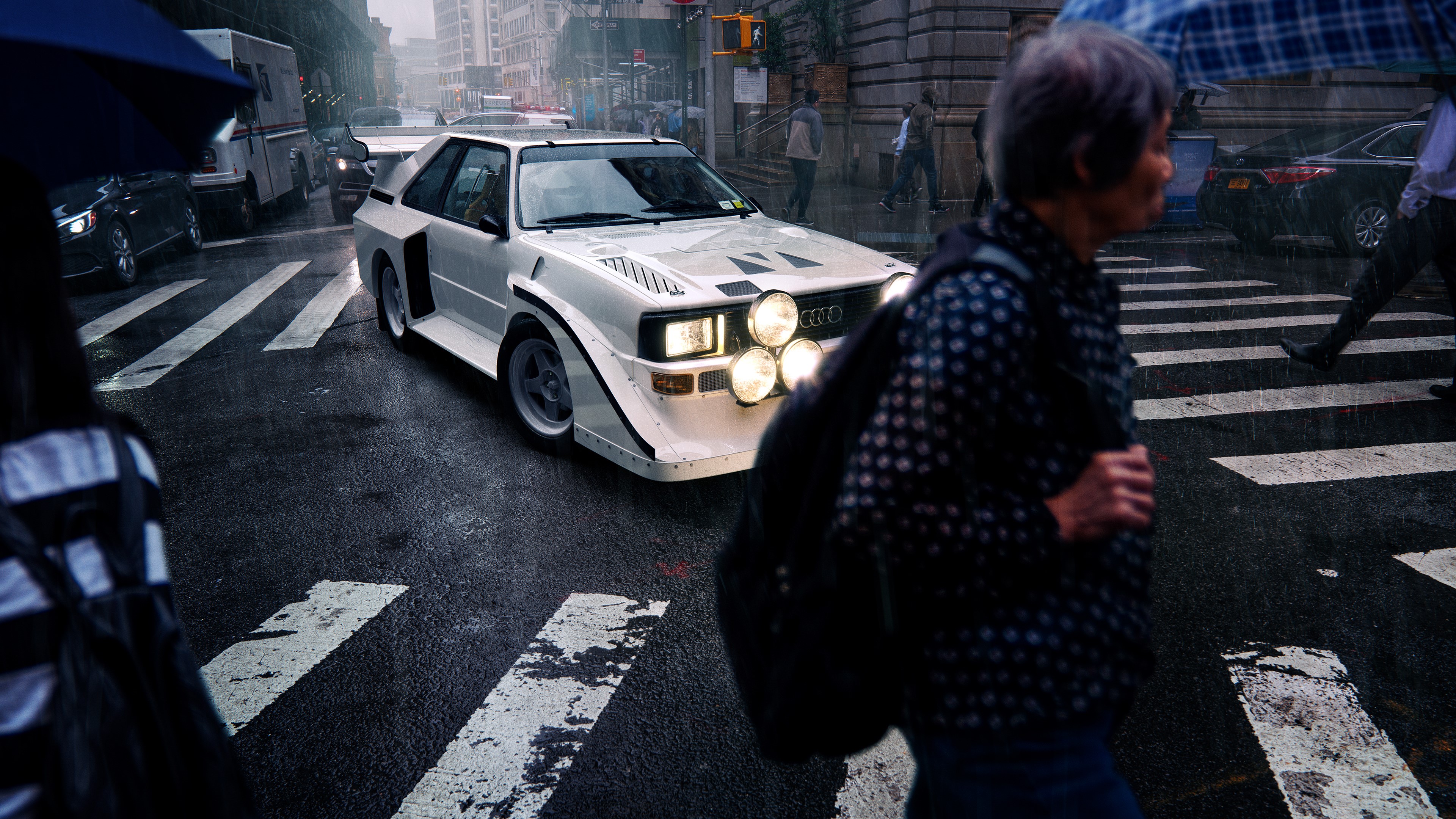 White Audi Quattro on a Rainy City Street 4K HD Wallpaper