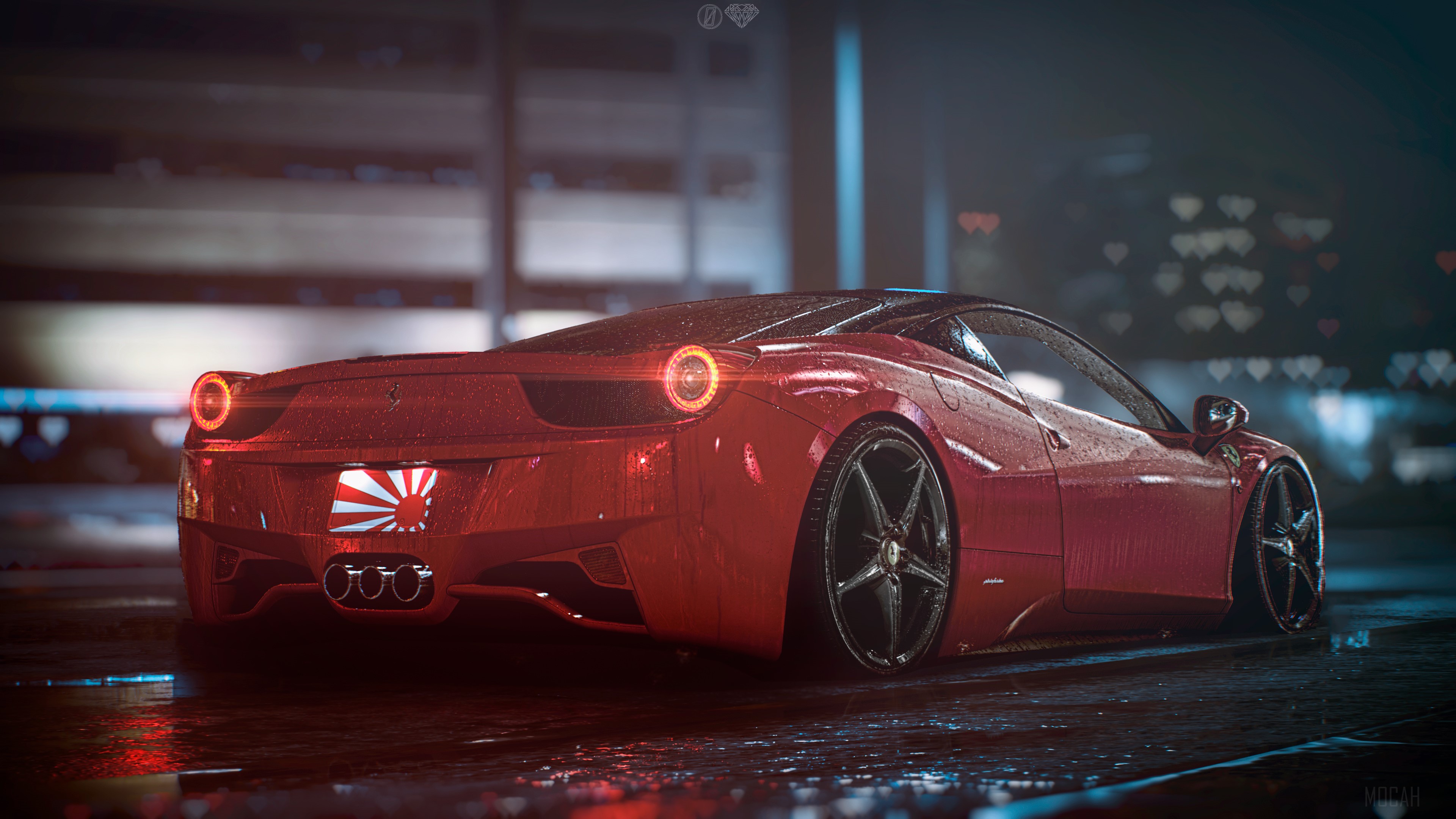 Red Ferrari 458 Italy with Japanese Rising Sun Flag HD Wallpaper