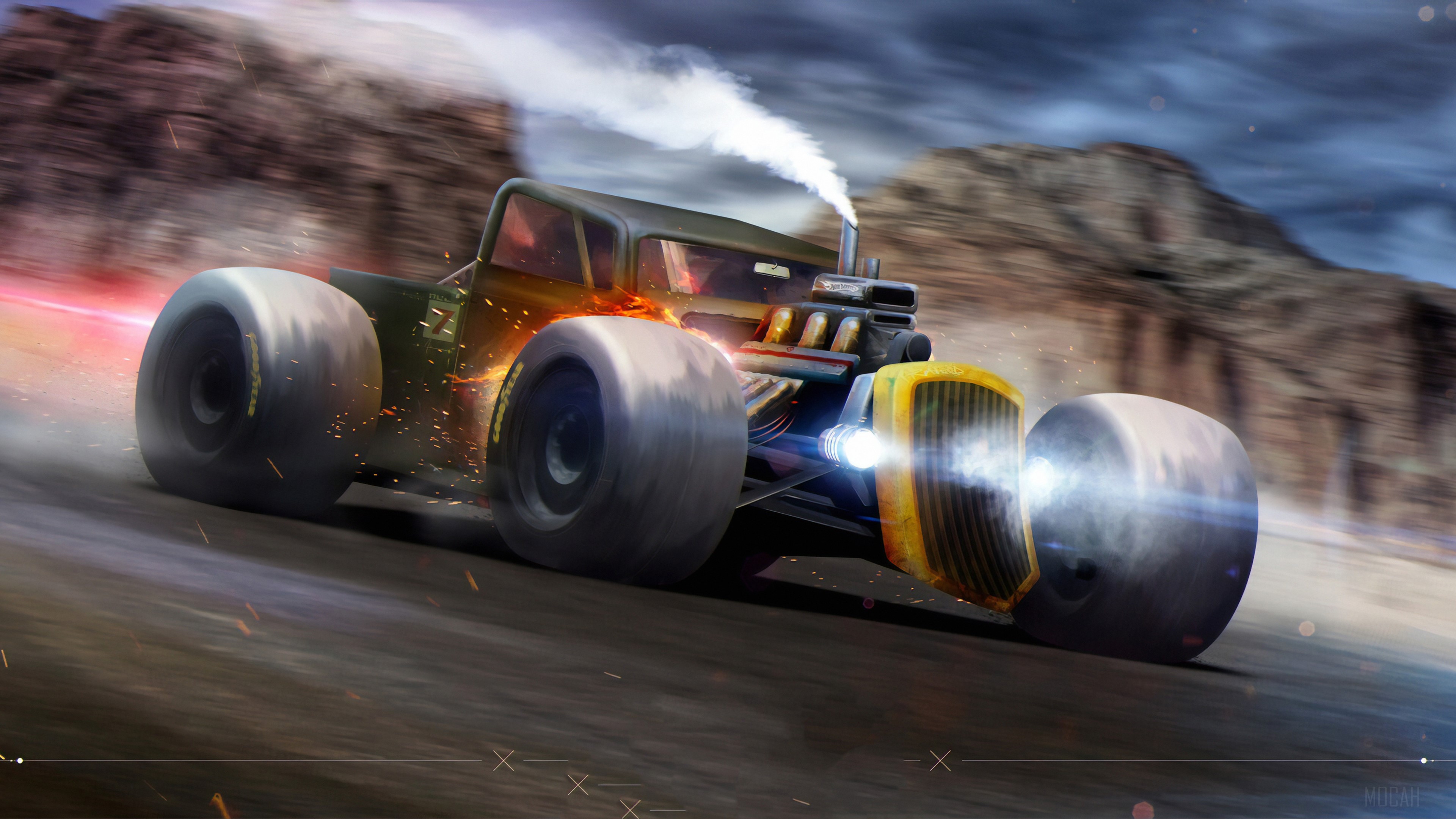 Hot rod car racing in a desert landscape 4K HD Wallpaper