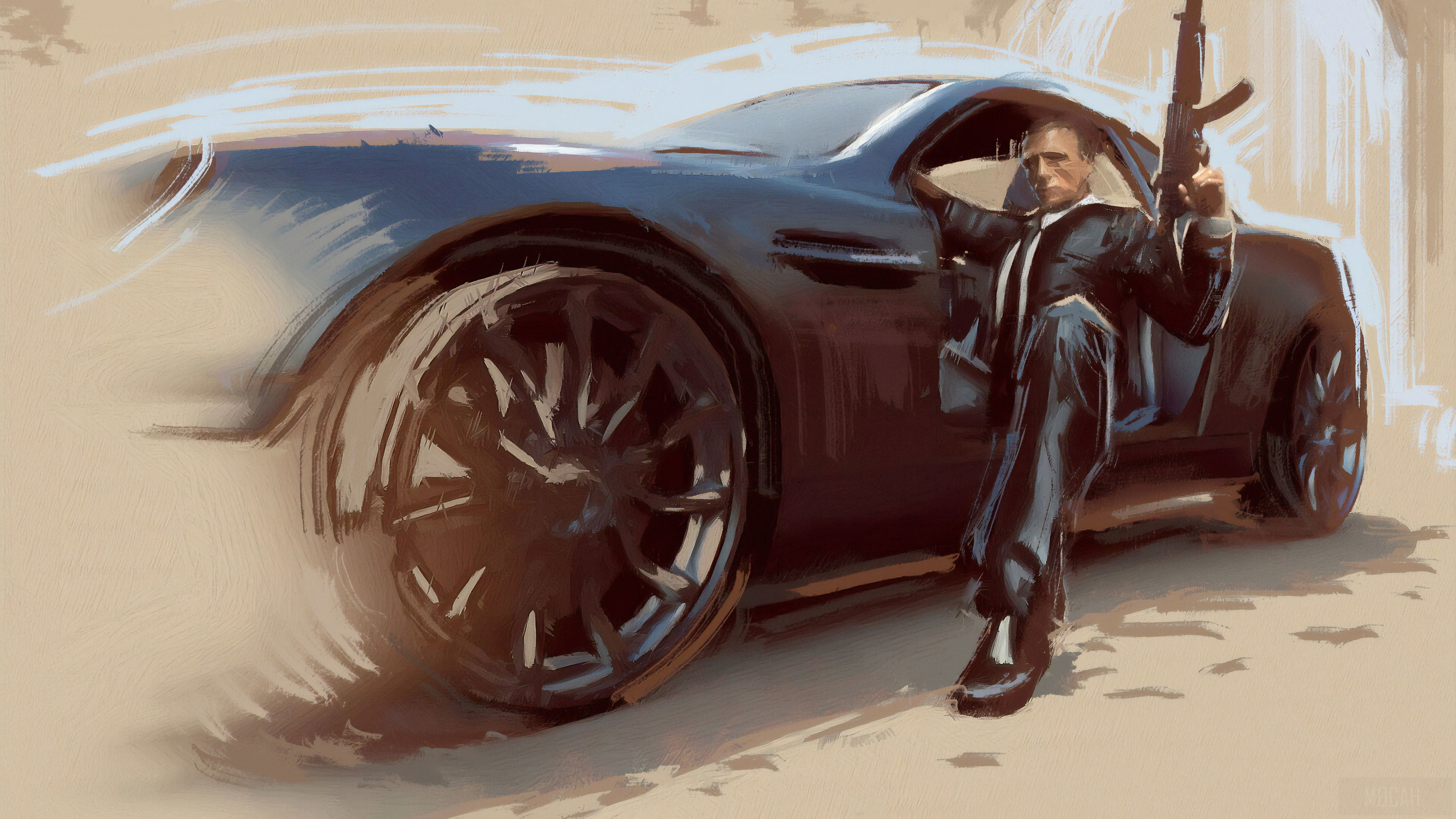 James Bond in a car with a rifle HD Wallpaper