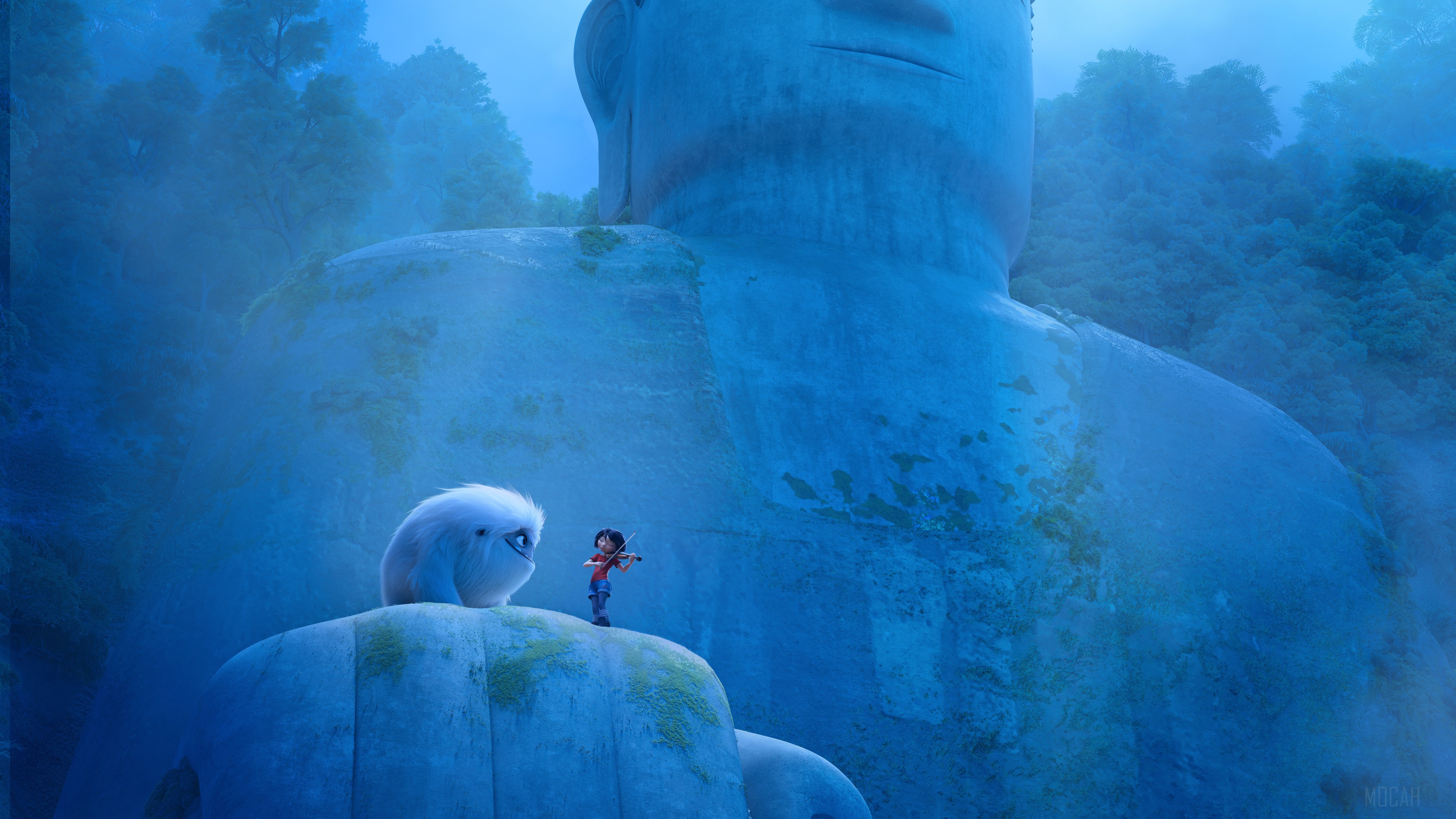 Yeti and girl with violin near giant statue HD Wallpaper