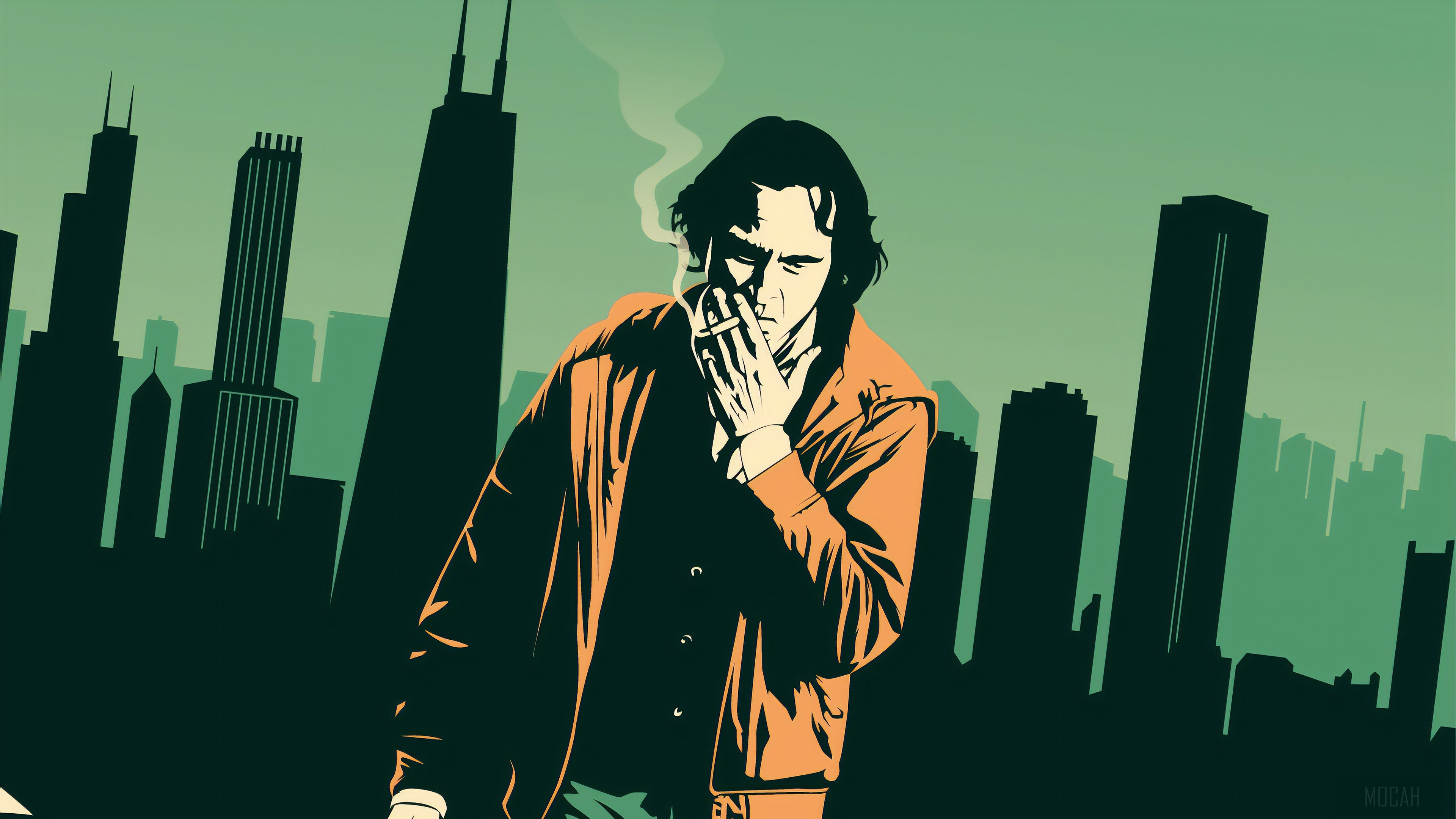 Joaquin Phoenix smoking in front of a city skyline HD Wallpaper