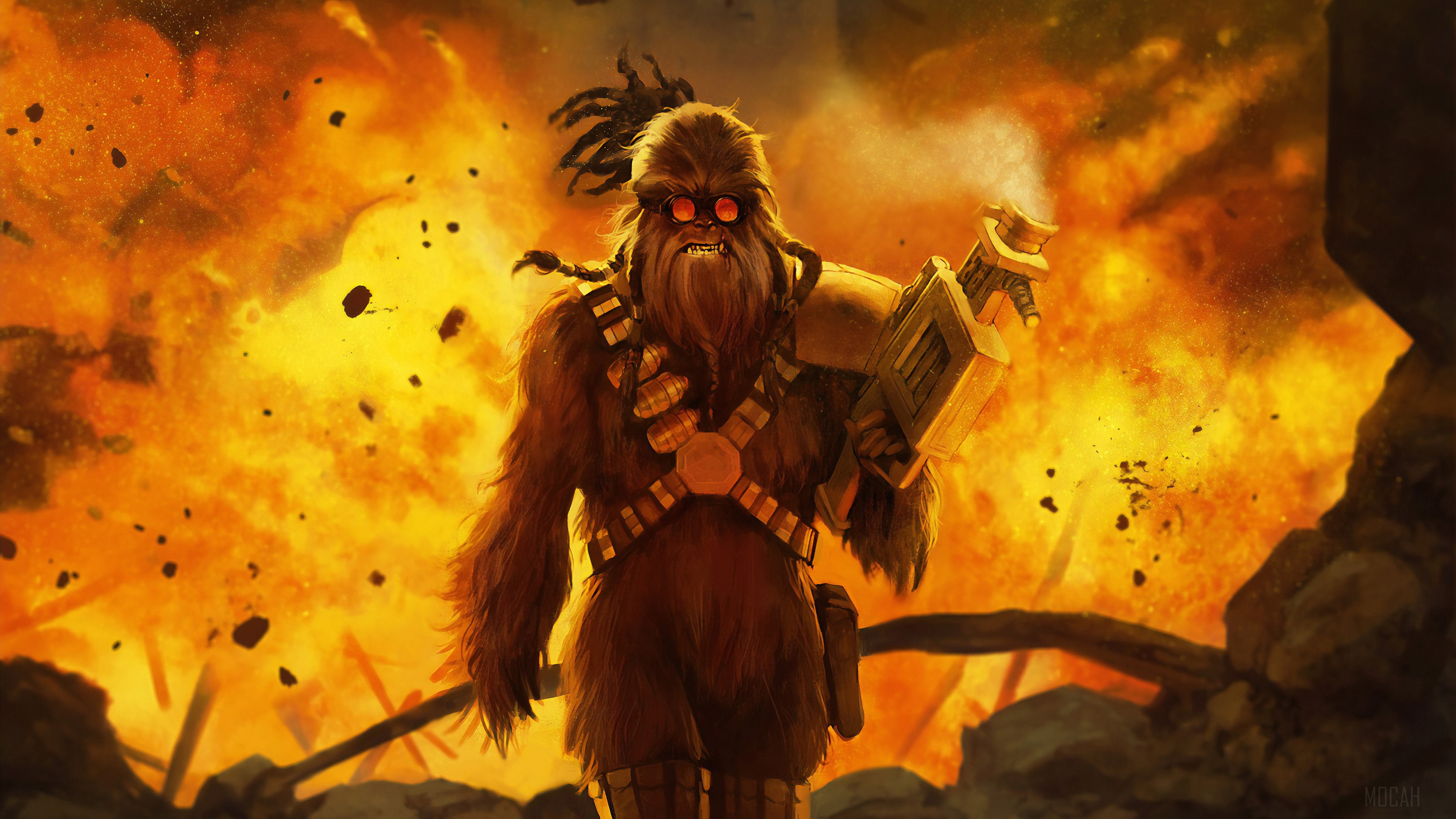 Chewbacca from Star Wars in an explosion 4K HD Wallpaper