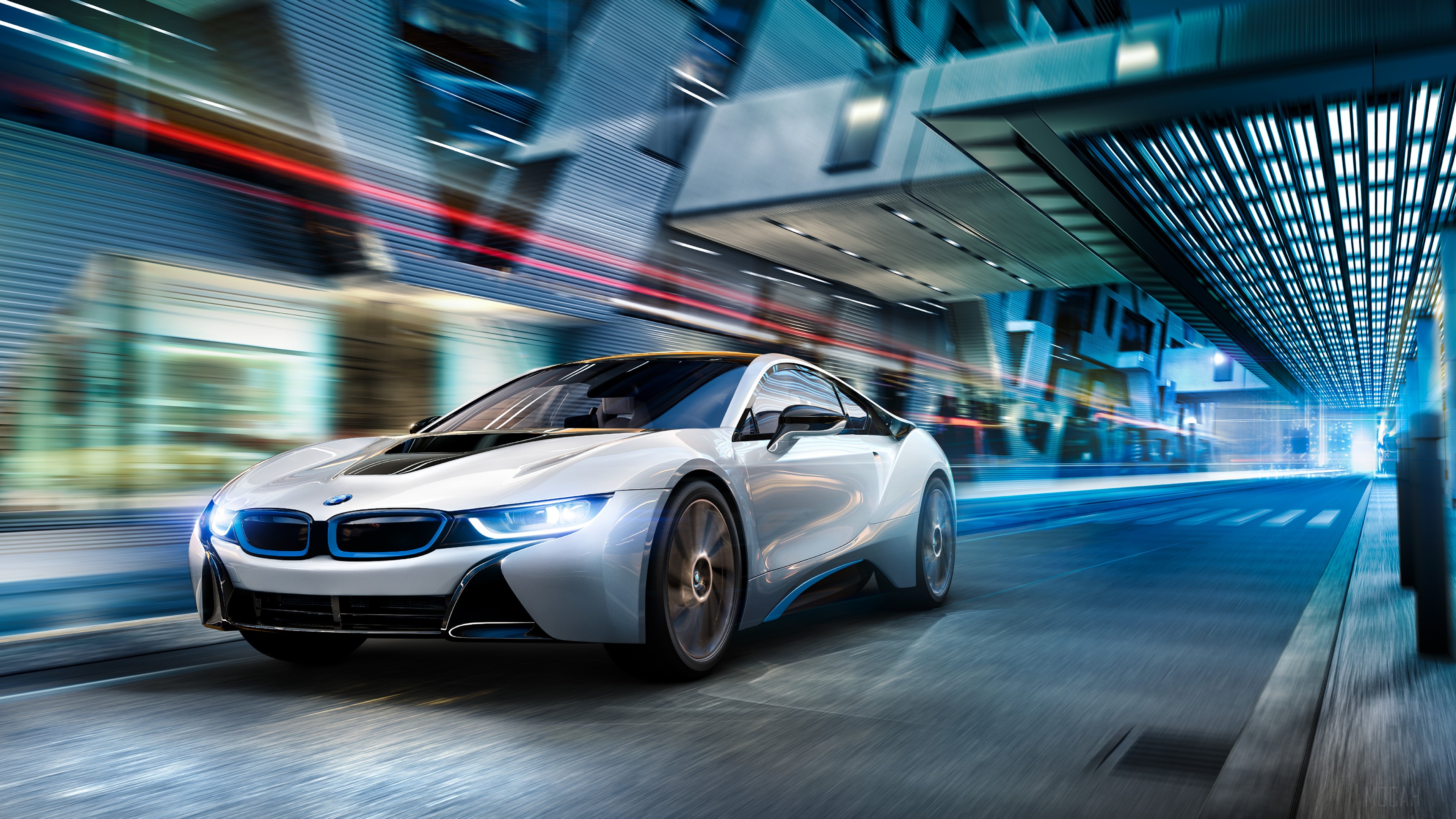 White BMW i8 driving through futuristic city at night HD Wallpaper