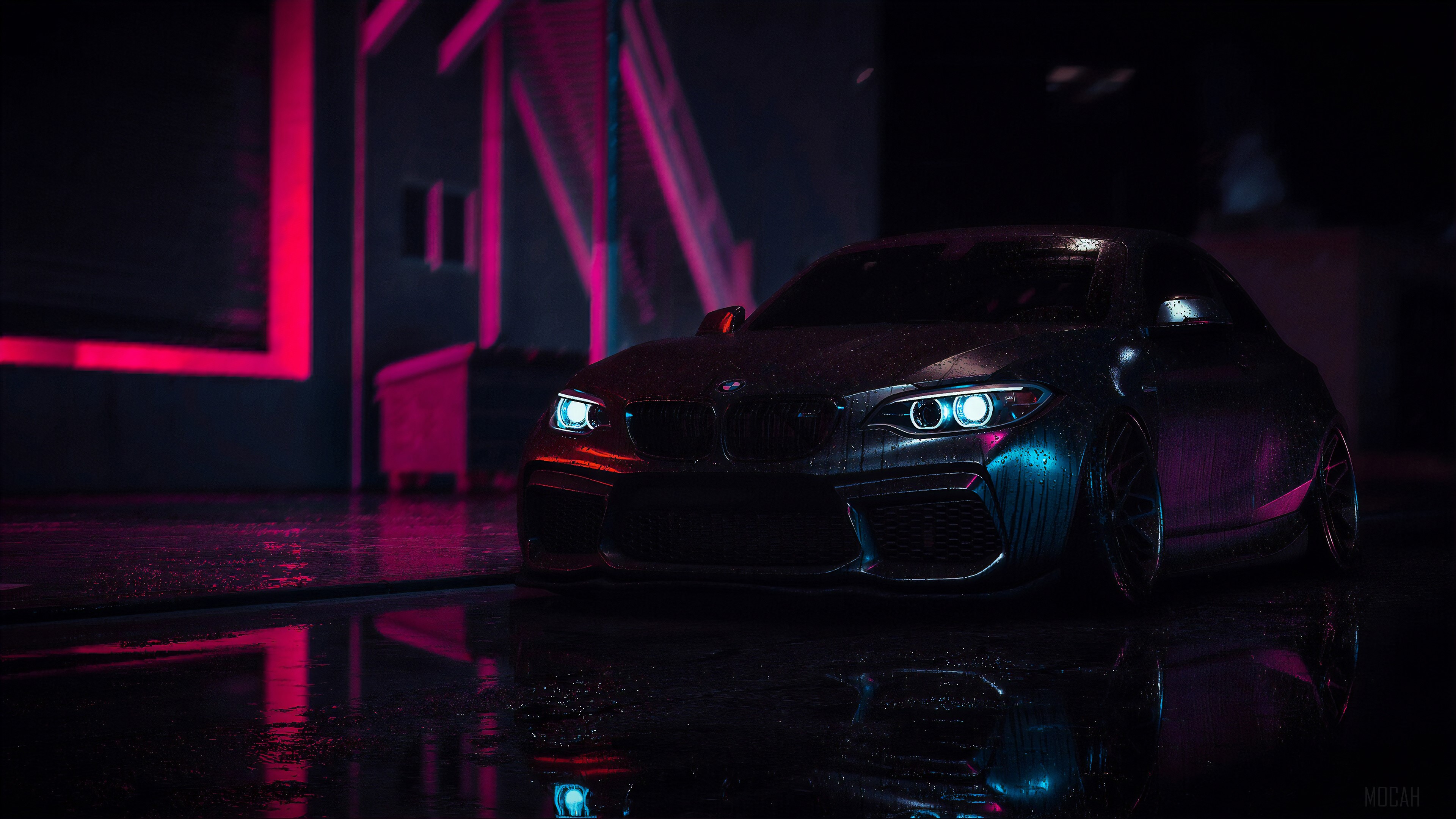 BMW M2 in the rain with neon lights HD Wallpaper