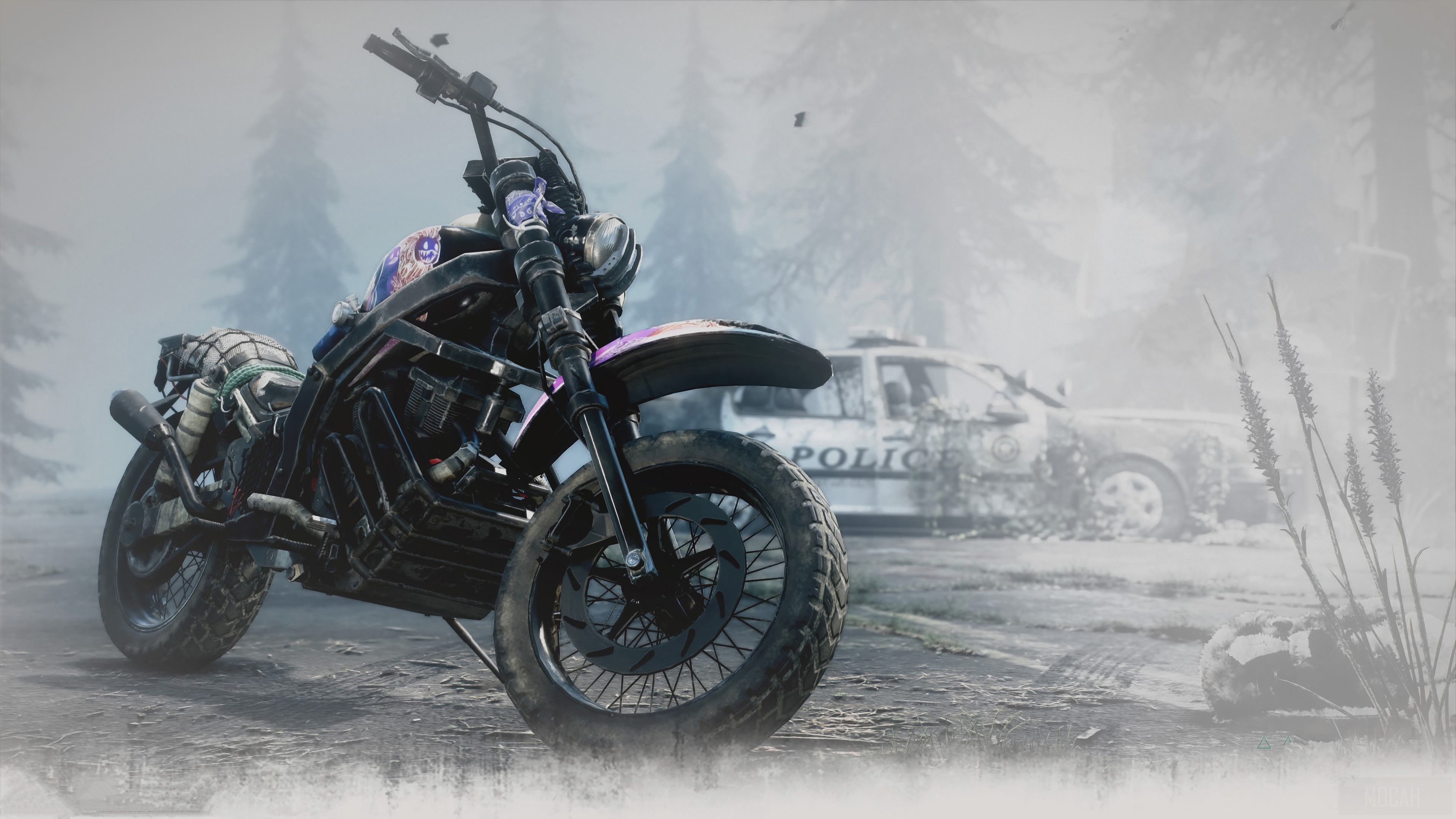 Motorcycle and Police Car in Foggy Forest HD Wallpaper