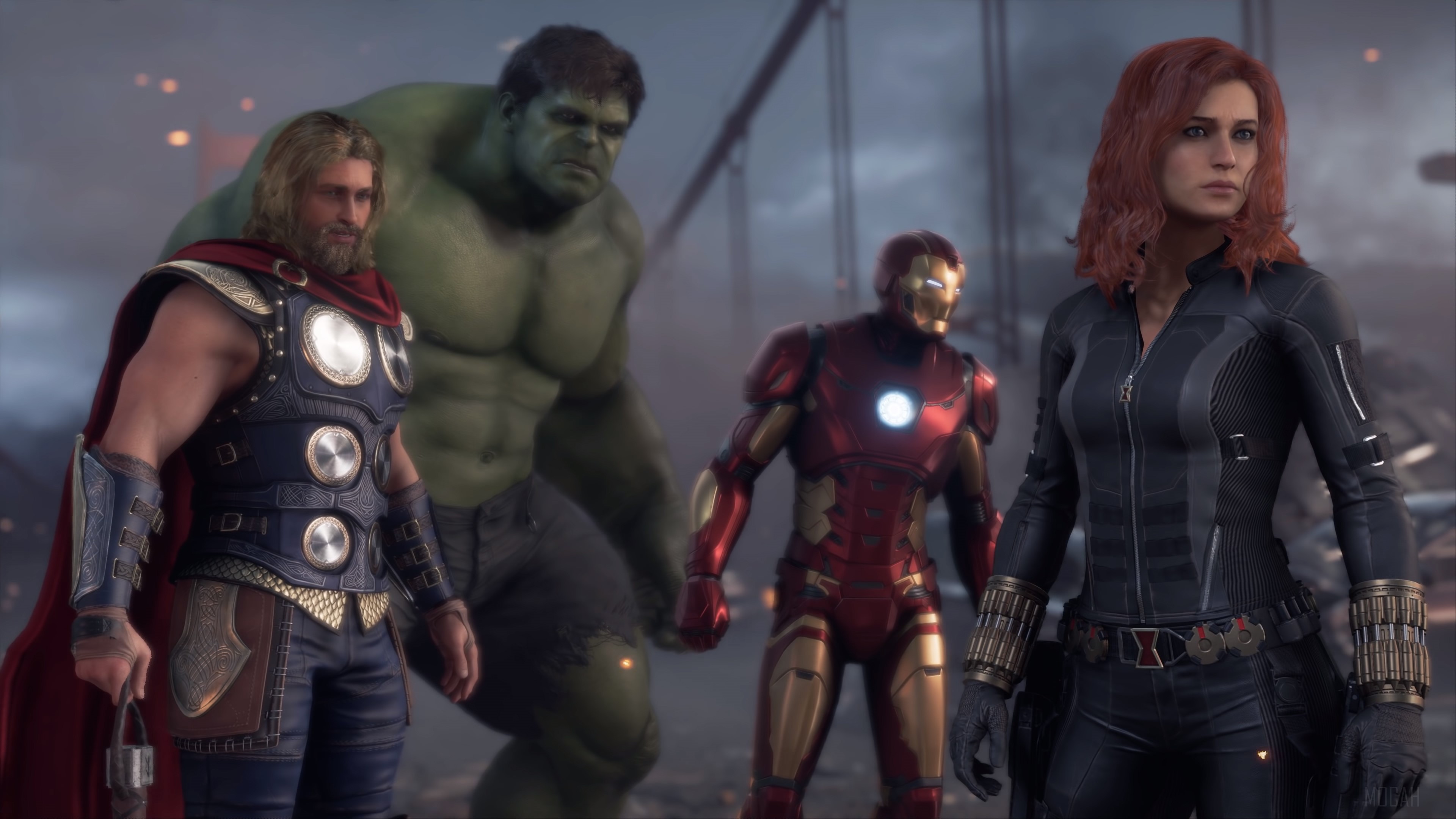 Thor, Hulk, Iron Man, and Black Widow from Marvel's Avengers HD Wallpaper