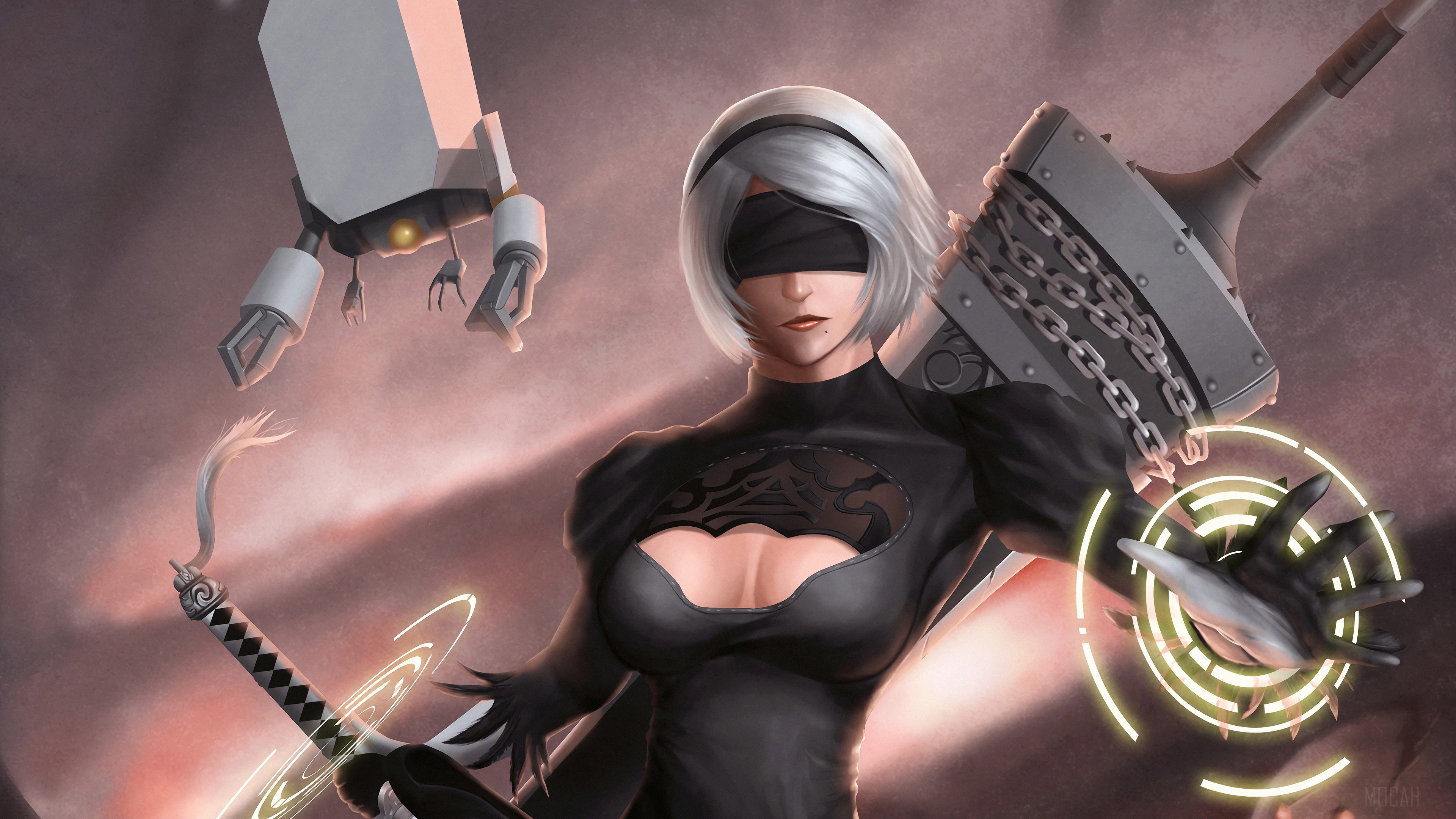 2B from Nier Automata with Pod and weapon HD Wallpaper