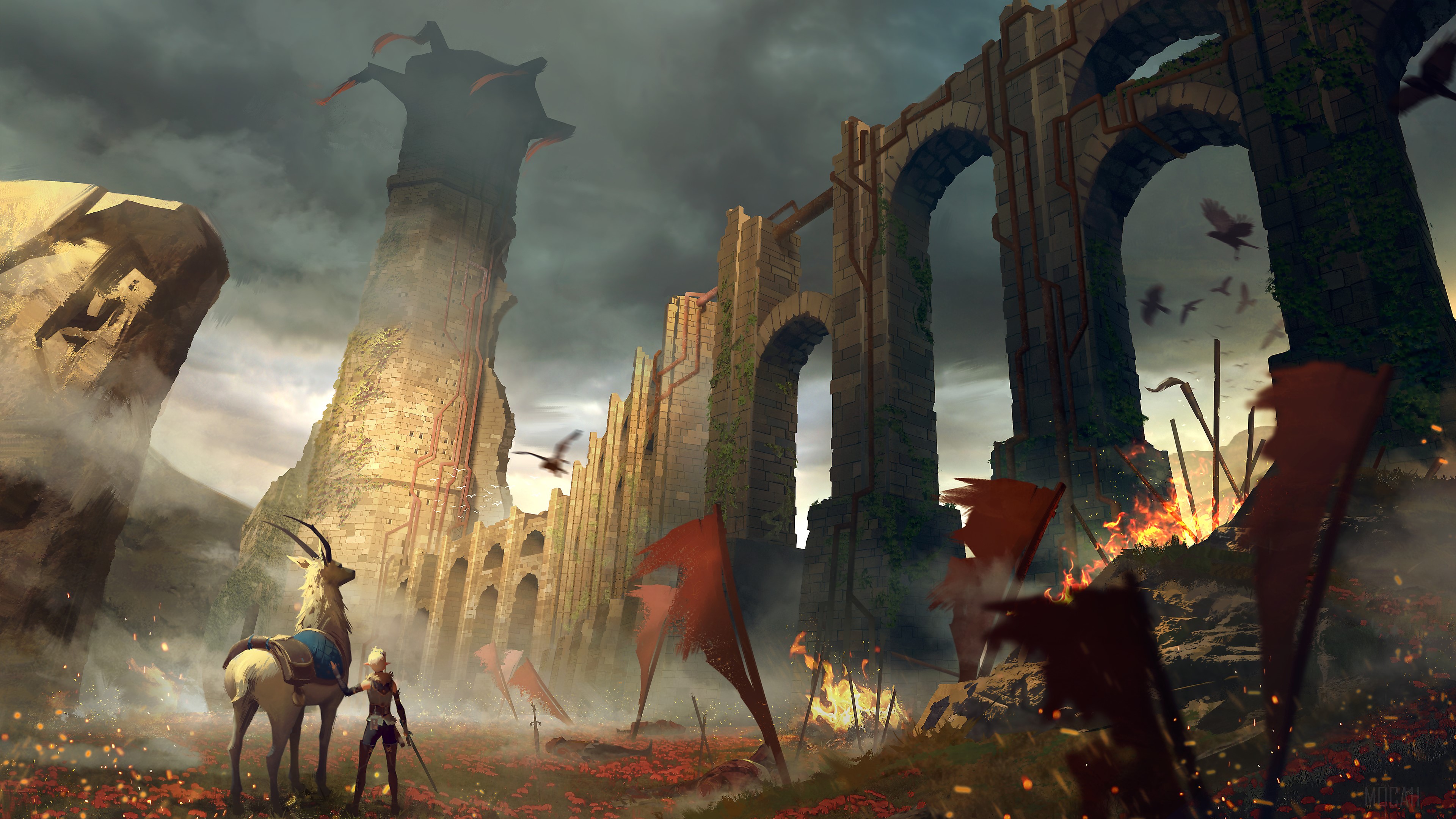 Ruined ancient structures with a woman and a deer HD Wallpaper