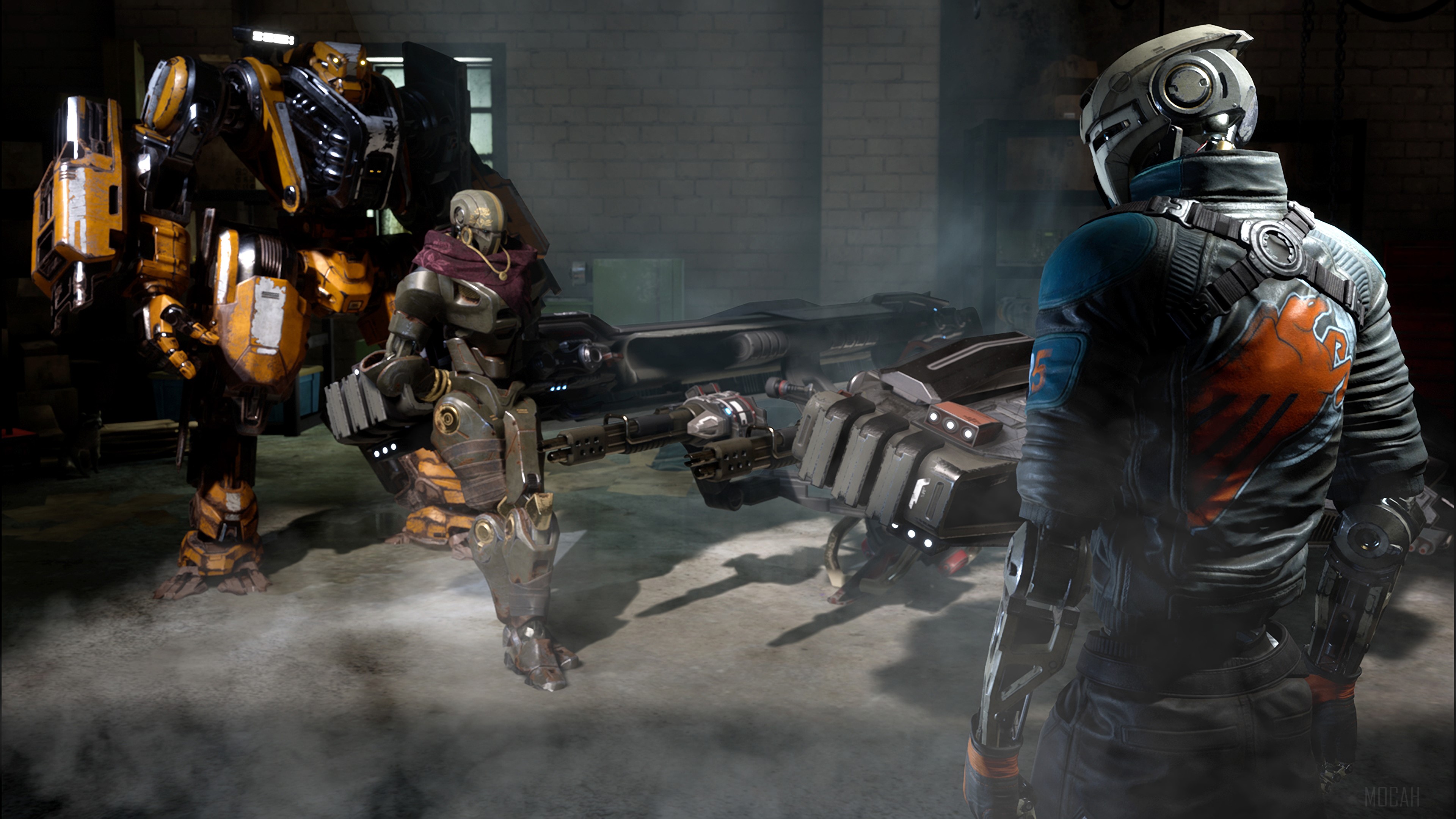 Robots and a futuristic vehicle in a warehouse HD Wallpaper