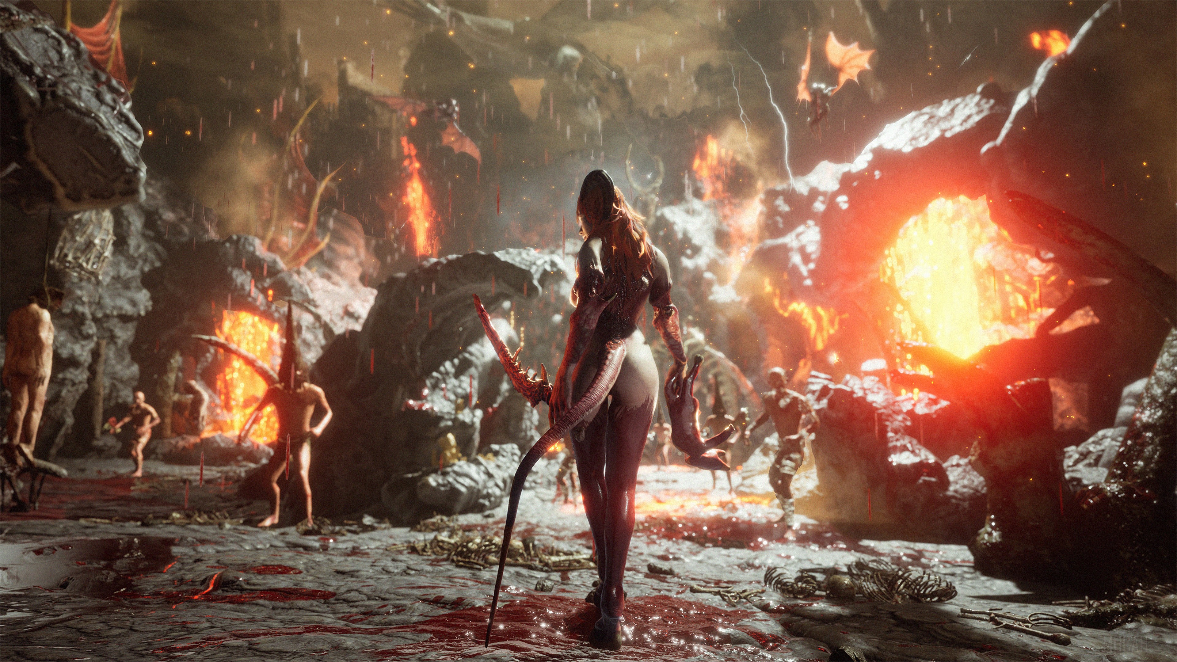 Succubus in a hellish landscape 4K HD Wallpaper