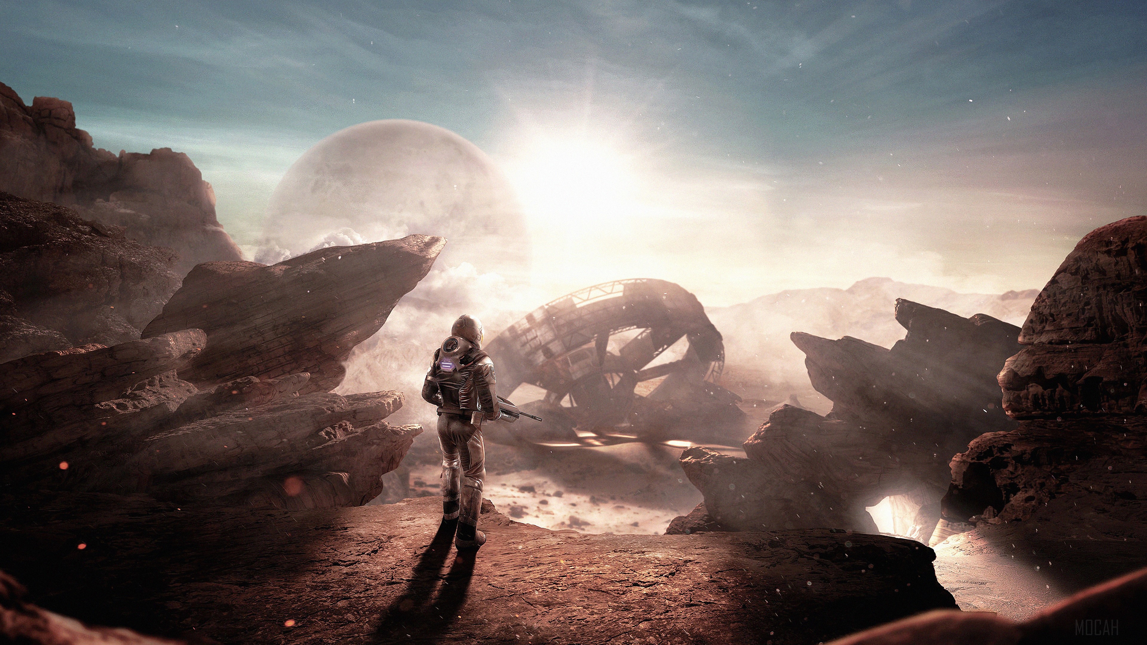 Astronaut on alien planet with crashed spaceship and large moon HD Wallpaper