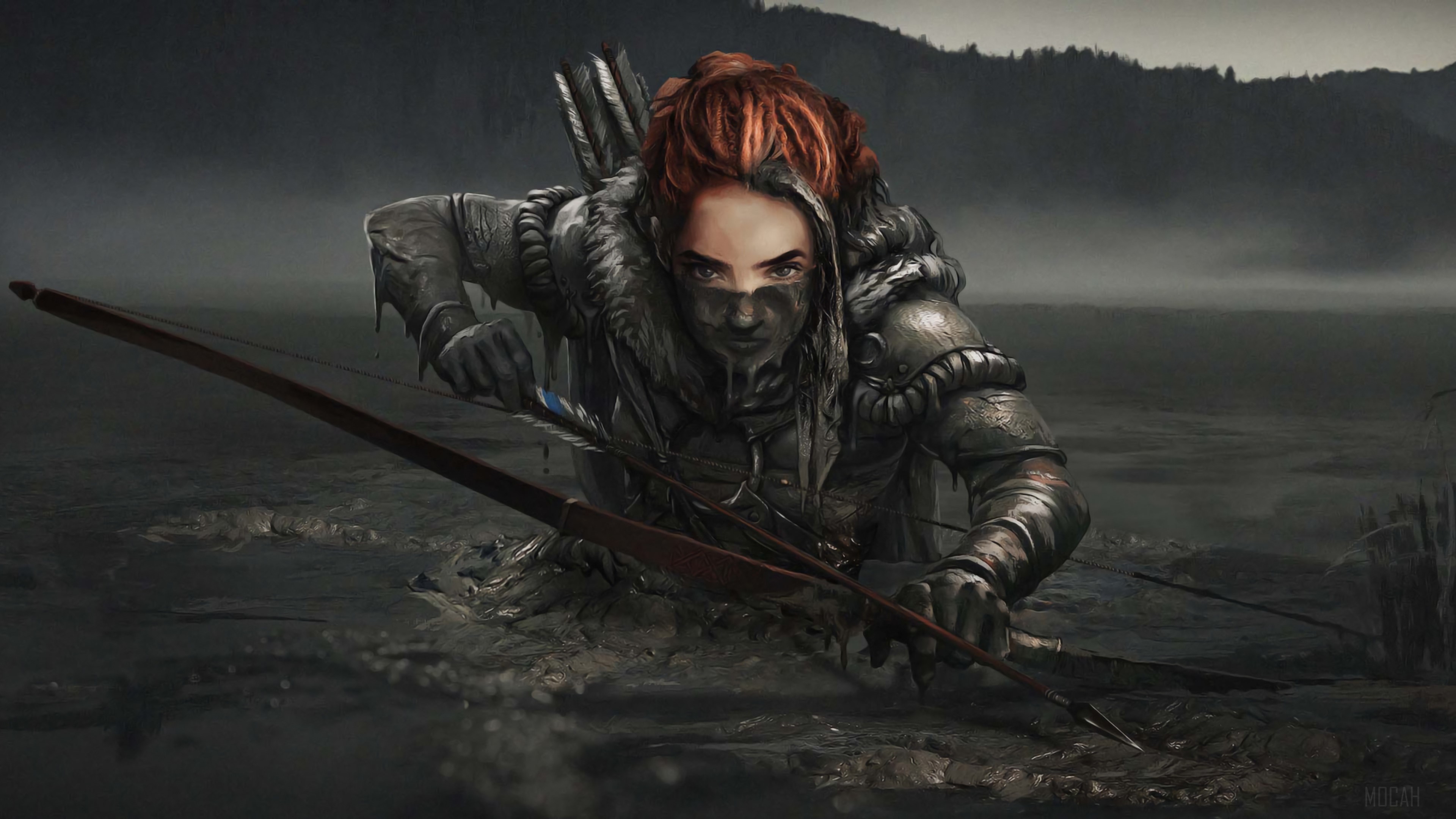 Woman with bow and arrow in swamp, Horizon Zero Dawn 4K HD Wallpaper