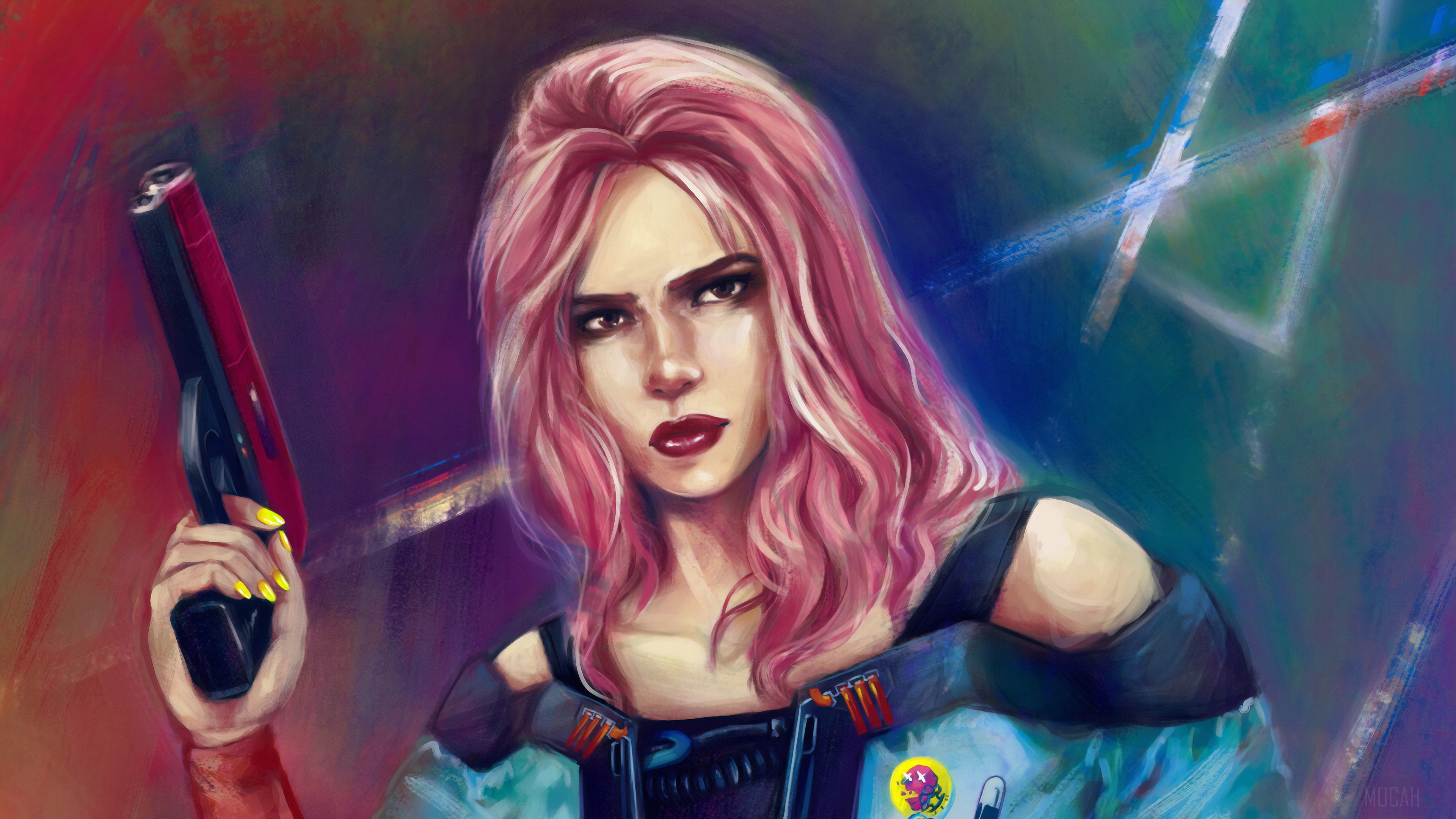Cyberpunk Girl with Pink Hair and Gun 4K HD Wallpaper
