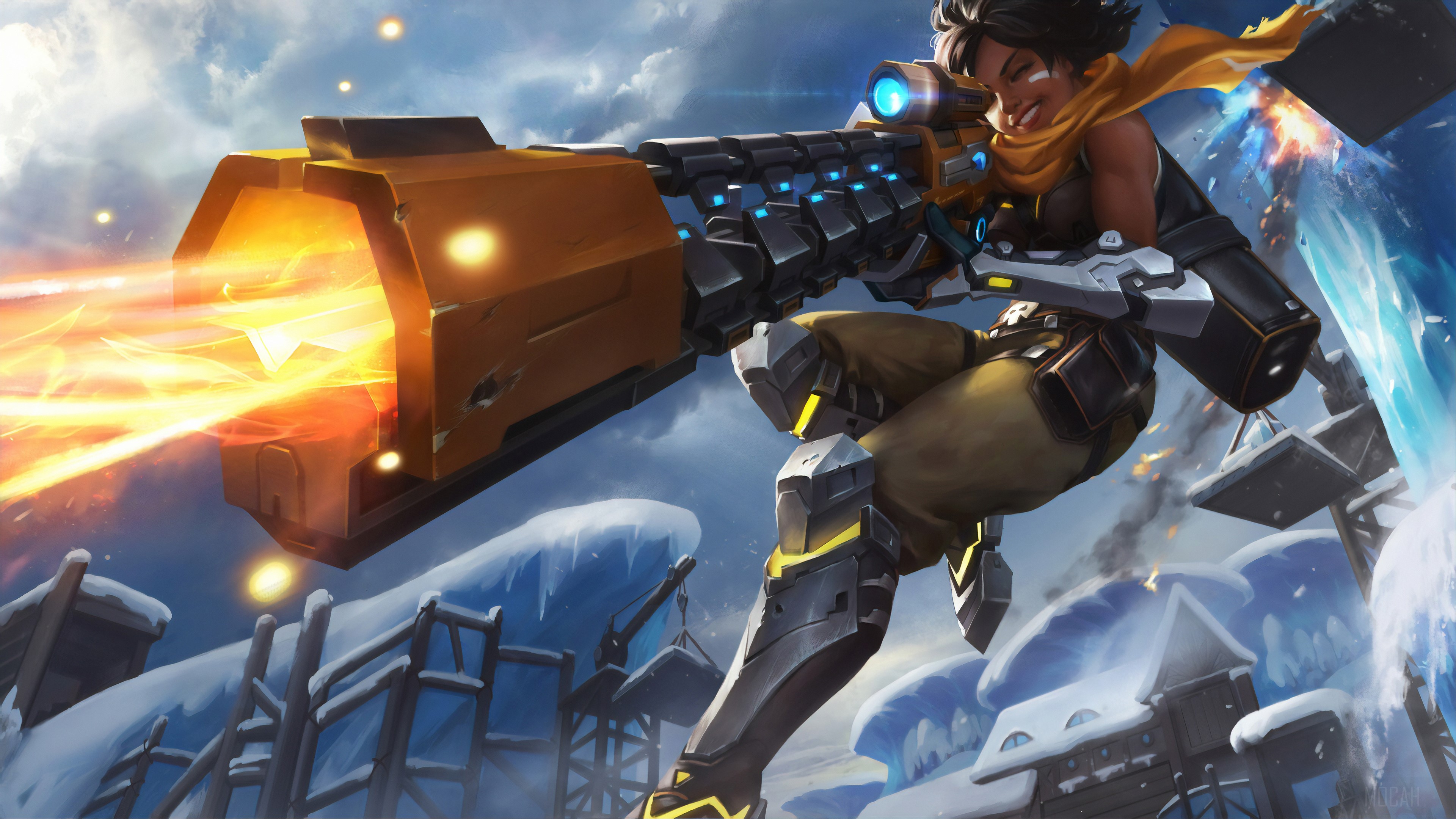 Girl with large weapon in snowy environment HD Wallpaper
