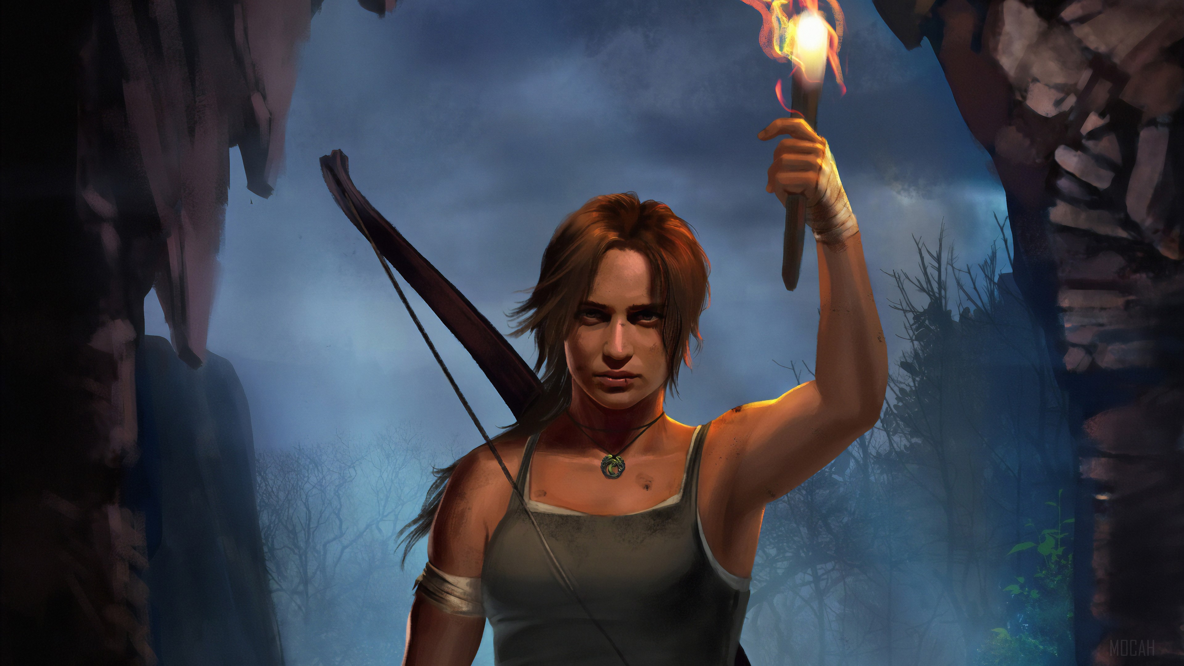 Lara Croft from Tomb Raider holding a torch HD Wallpaper