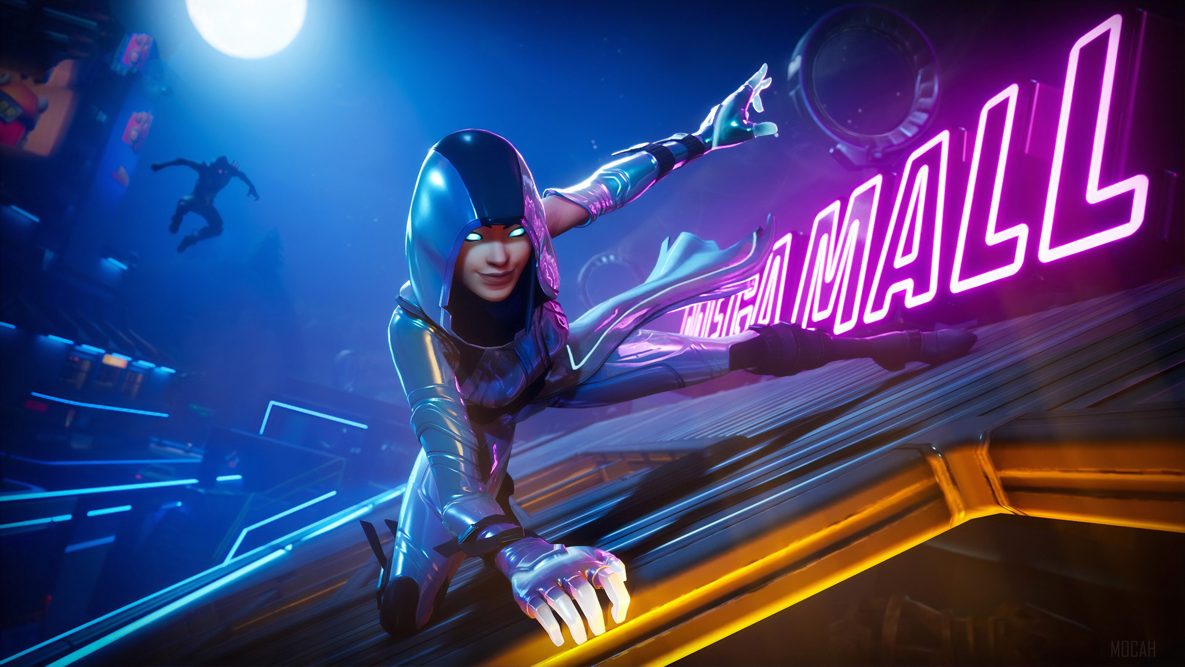 Fortnite character in neon city HD Wallpaper
