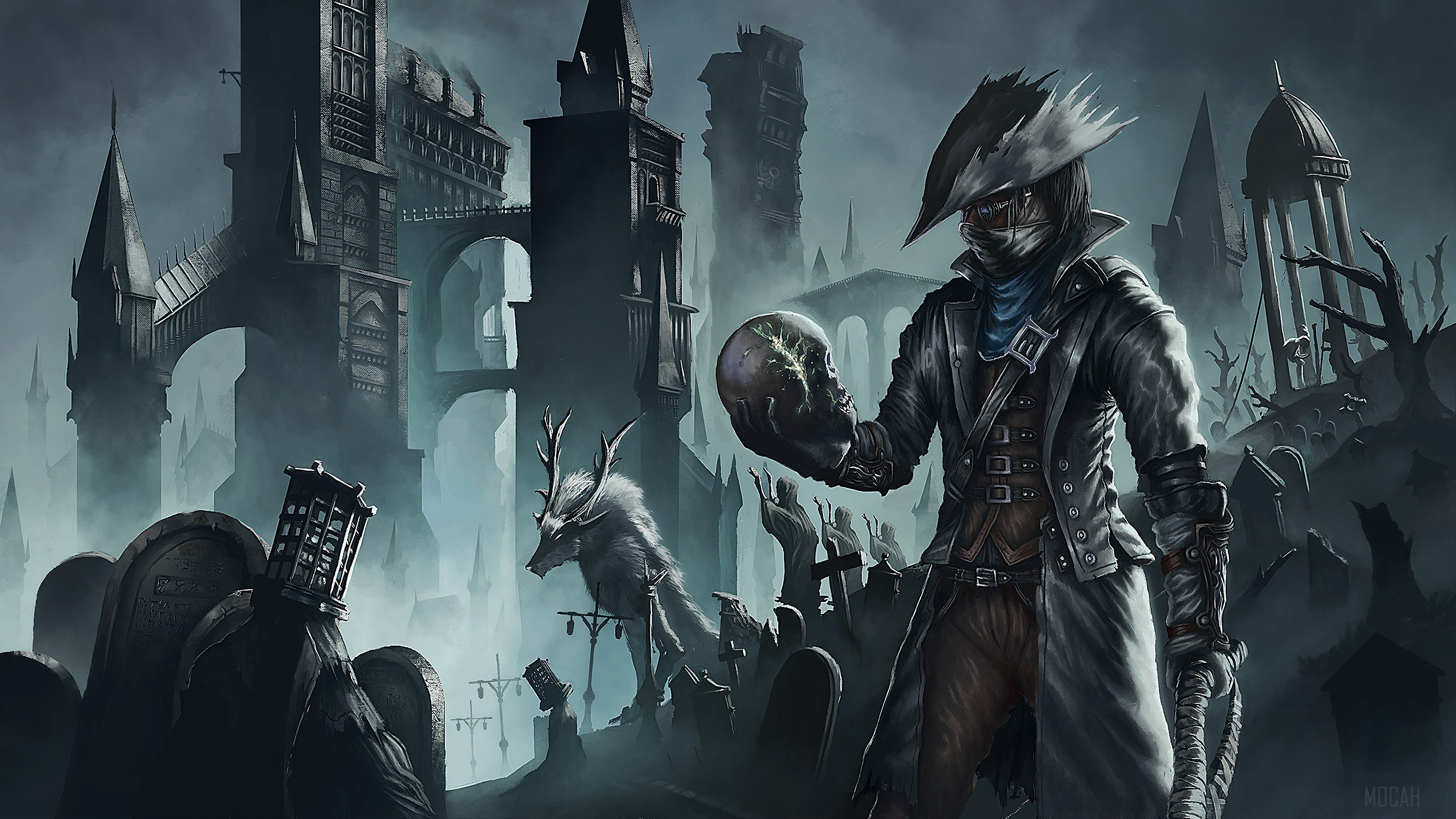 Hunter holding skull in Bloodborne 4K HD Wallpaper