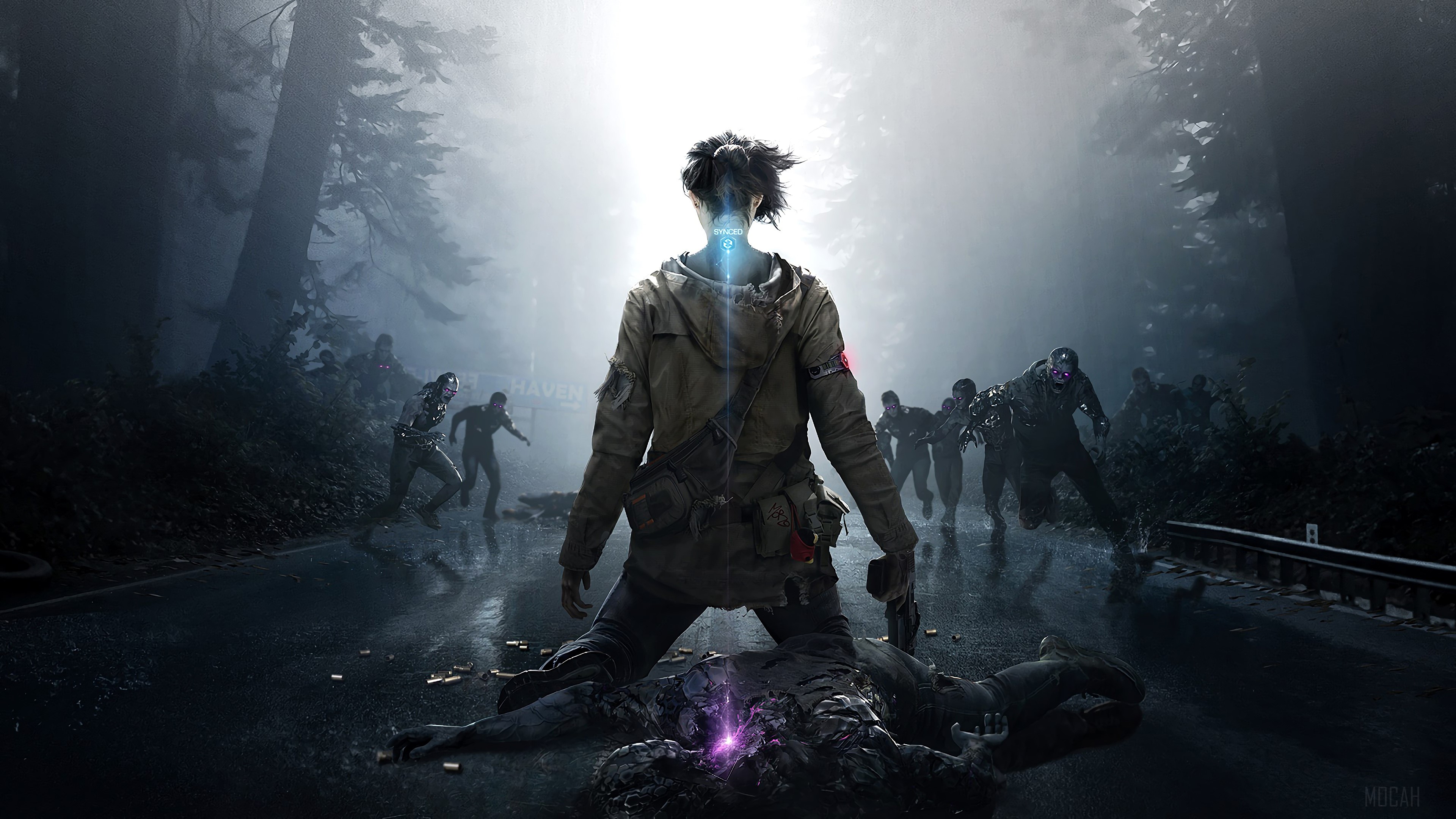 Woman kneeling over zombie on road with zombies behind HD Wallpaper