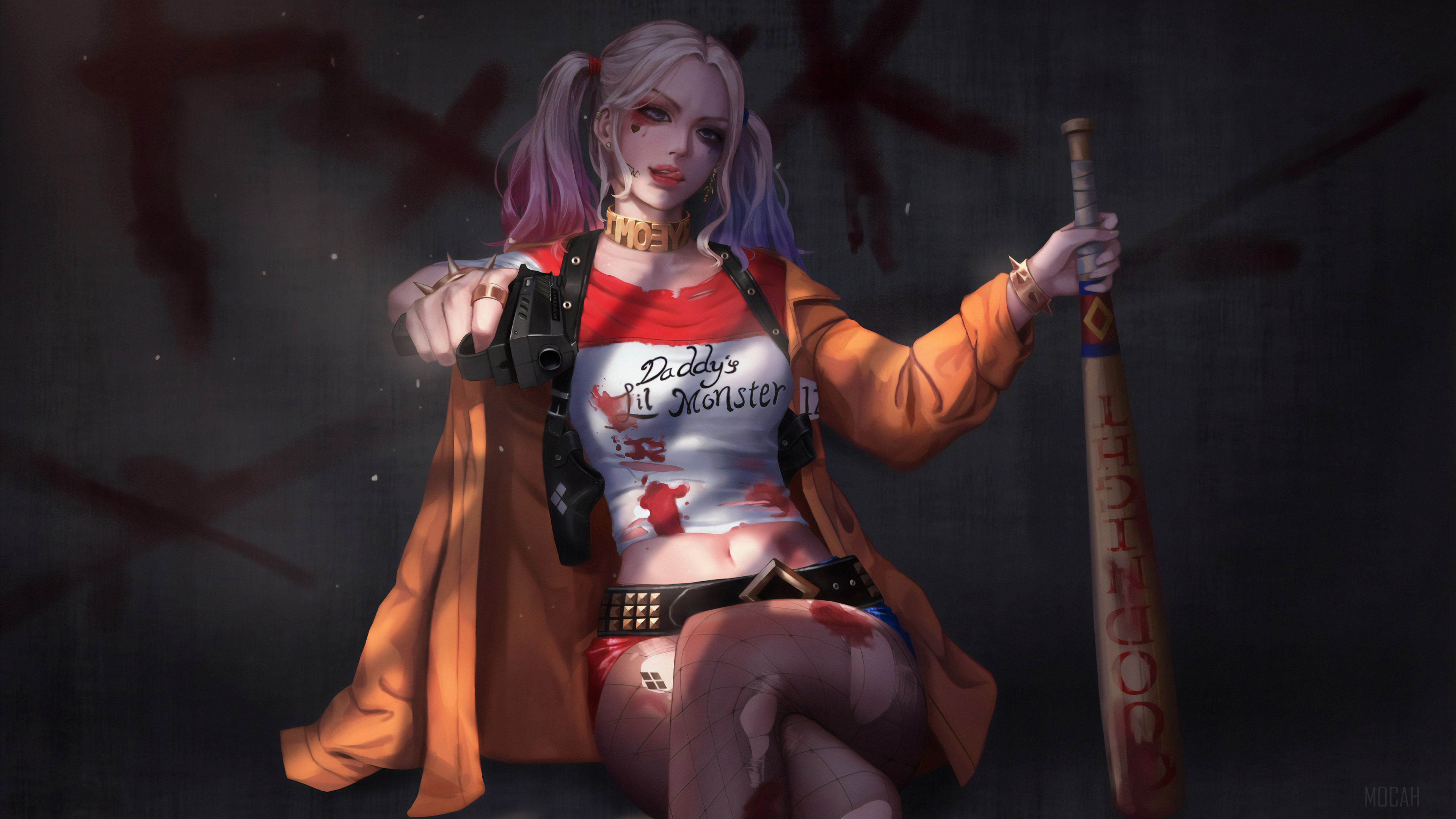 Harley Quinn with Gun and Baseball Bat 4K HD Wallpaper