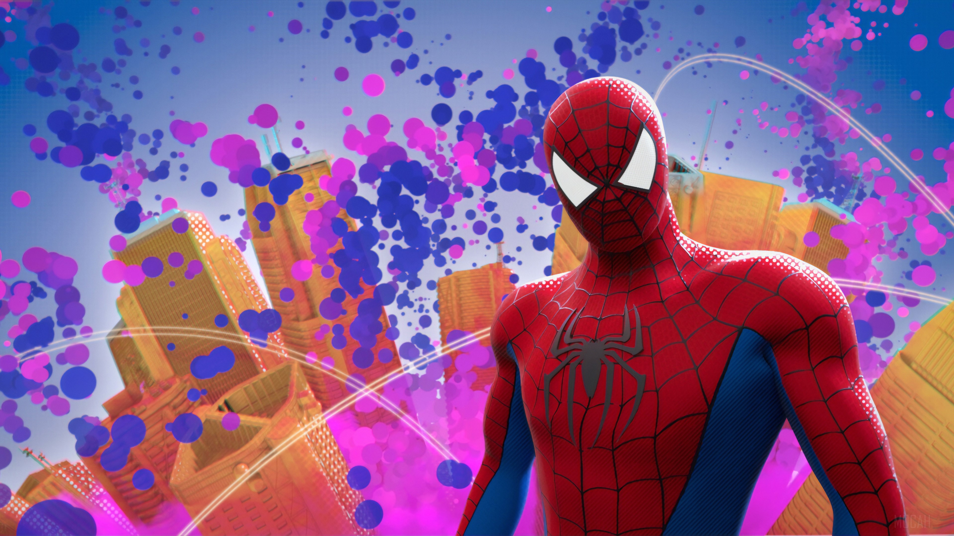 Spider-Man in a colorful city HD Wallpaper