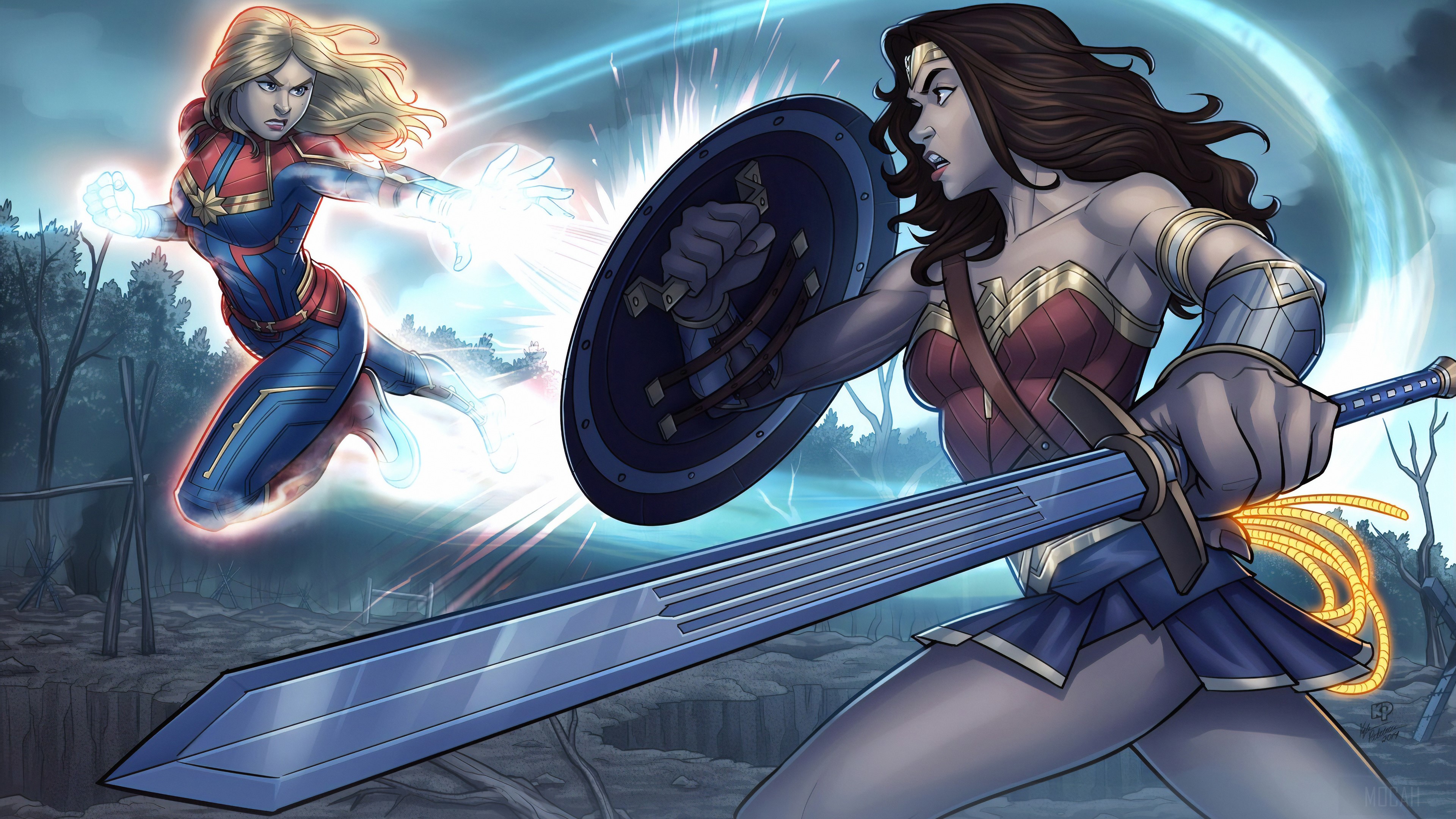 Wonder Woman and Captain Marvel fighting HD Wallpaper