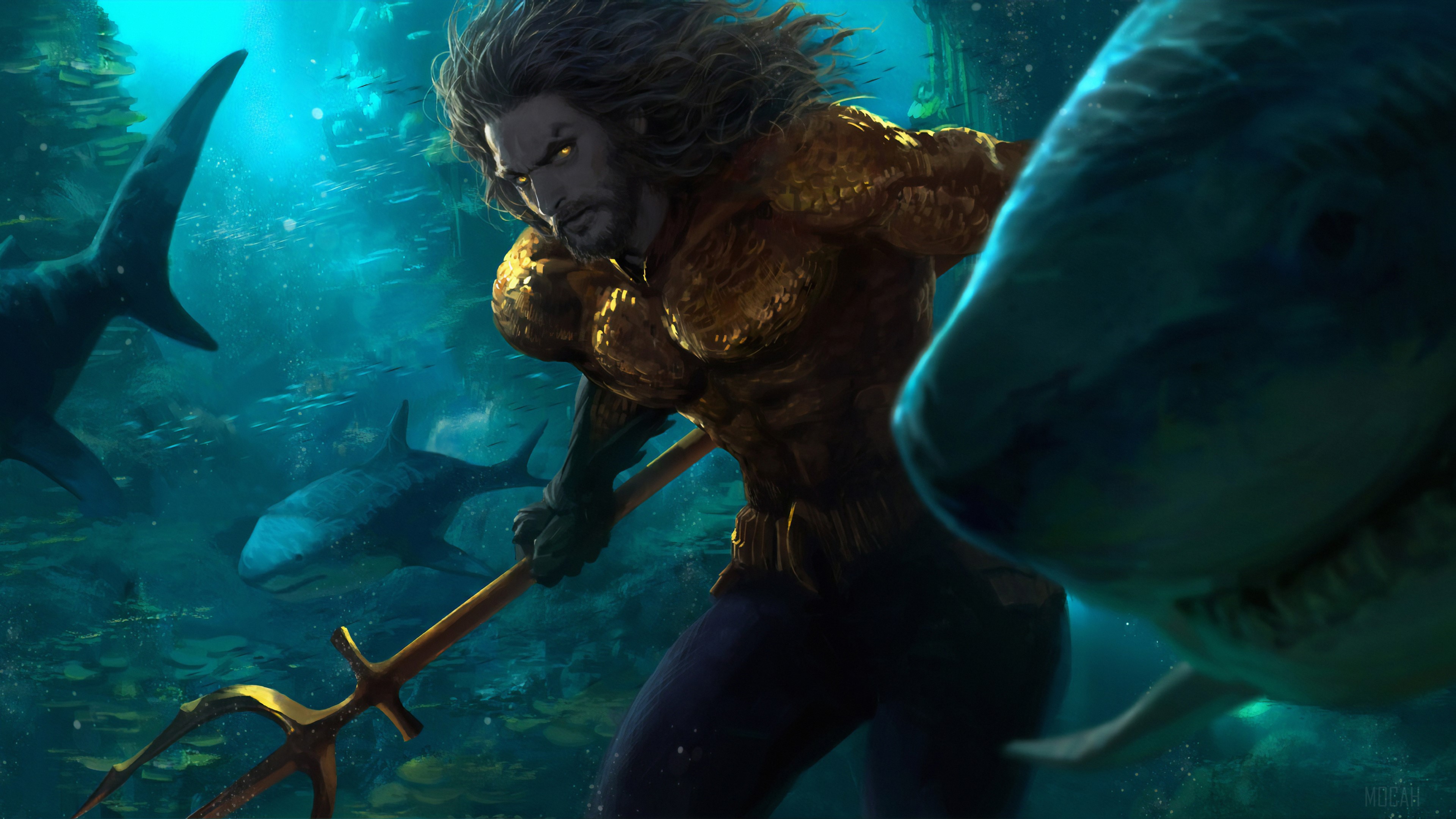 Aquaman with trident and sharks 4K HD Wallpaper