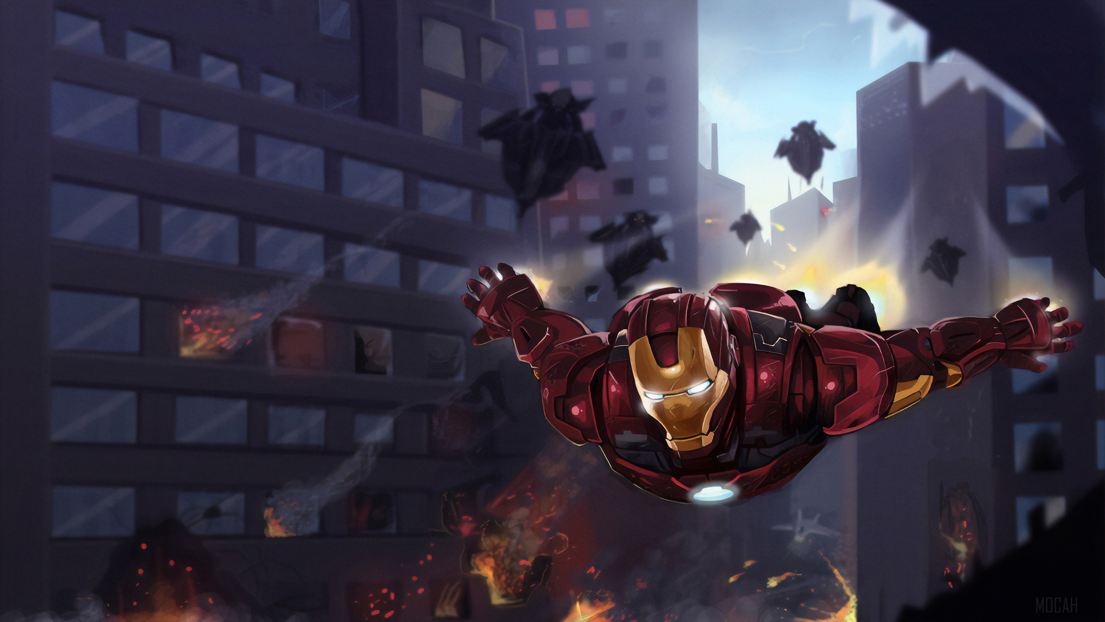 Iron Man flying in a burning city with drones HD Wallpaper