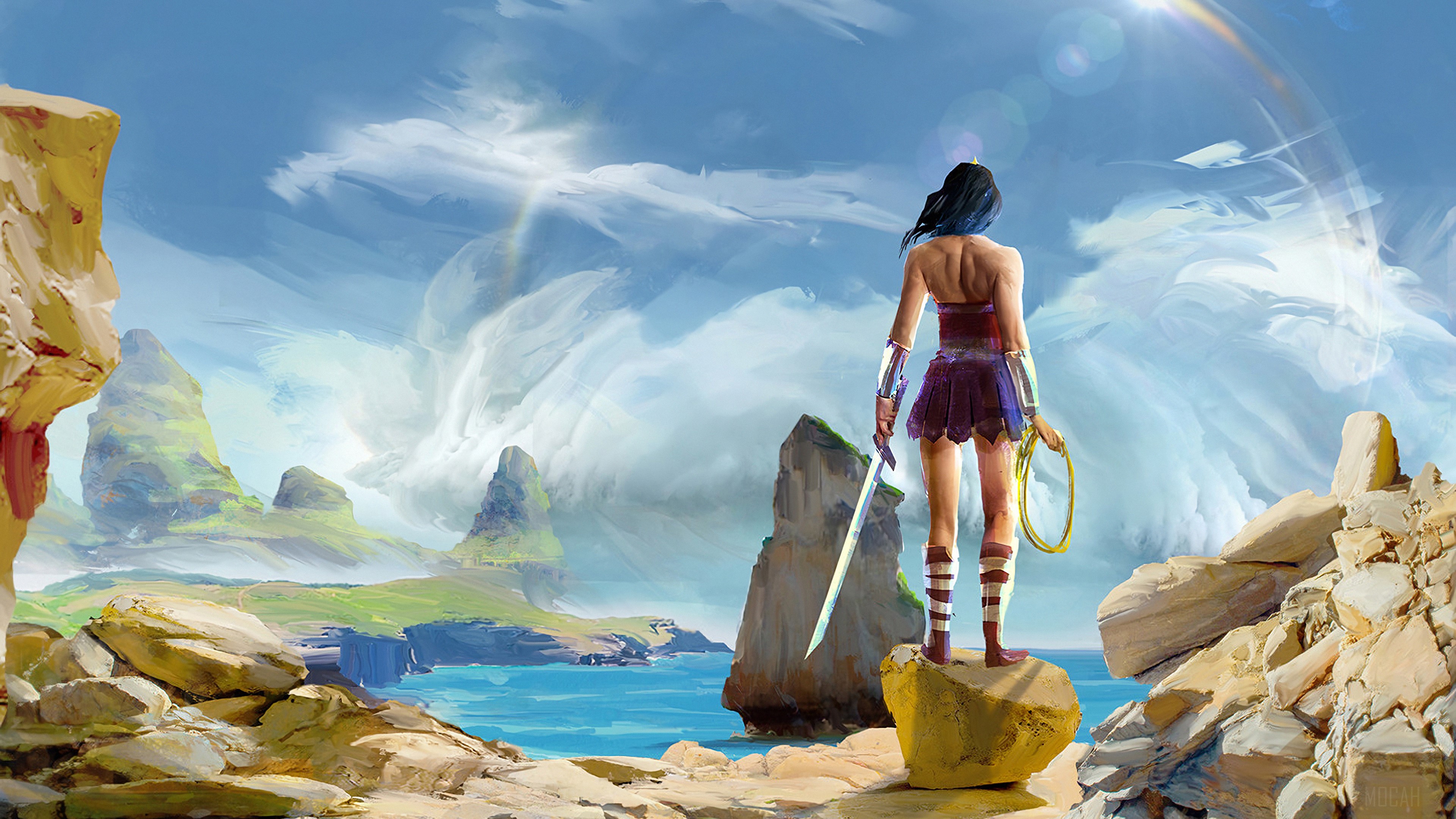 Wonder Woman standing on a rock overlooking the sea HD Wallpaper