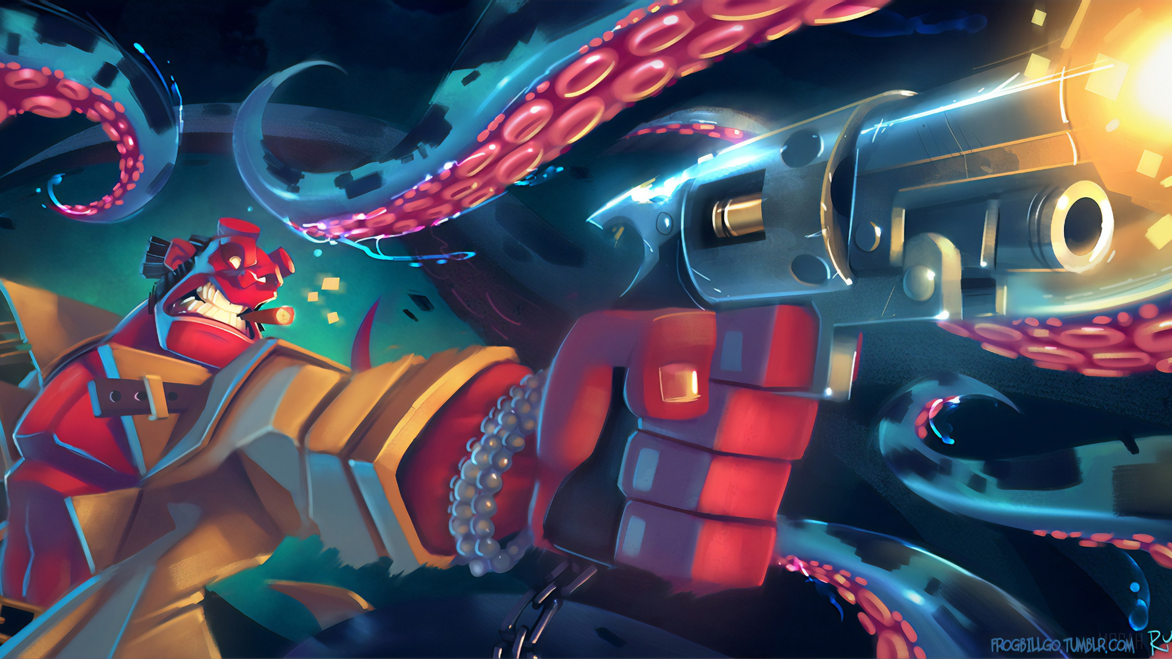Hellboy firing a gun at tentacles HD Wallpaper