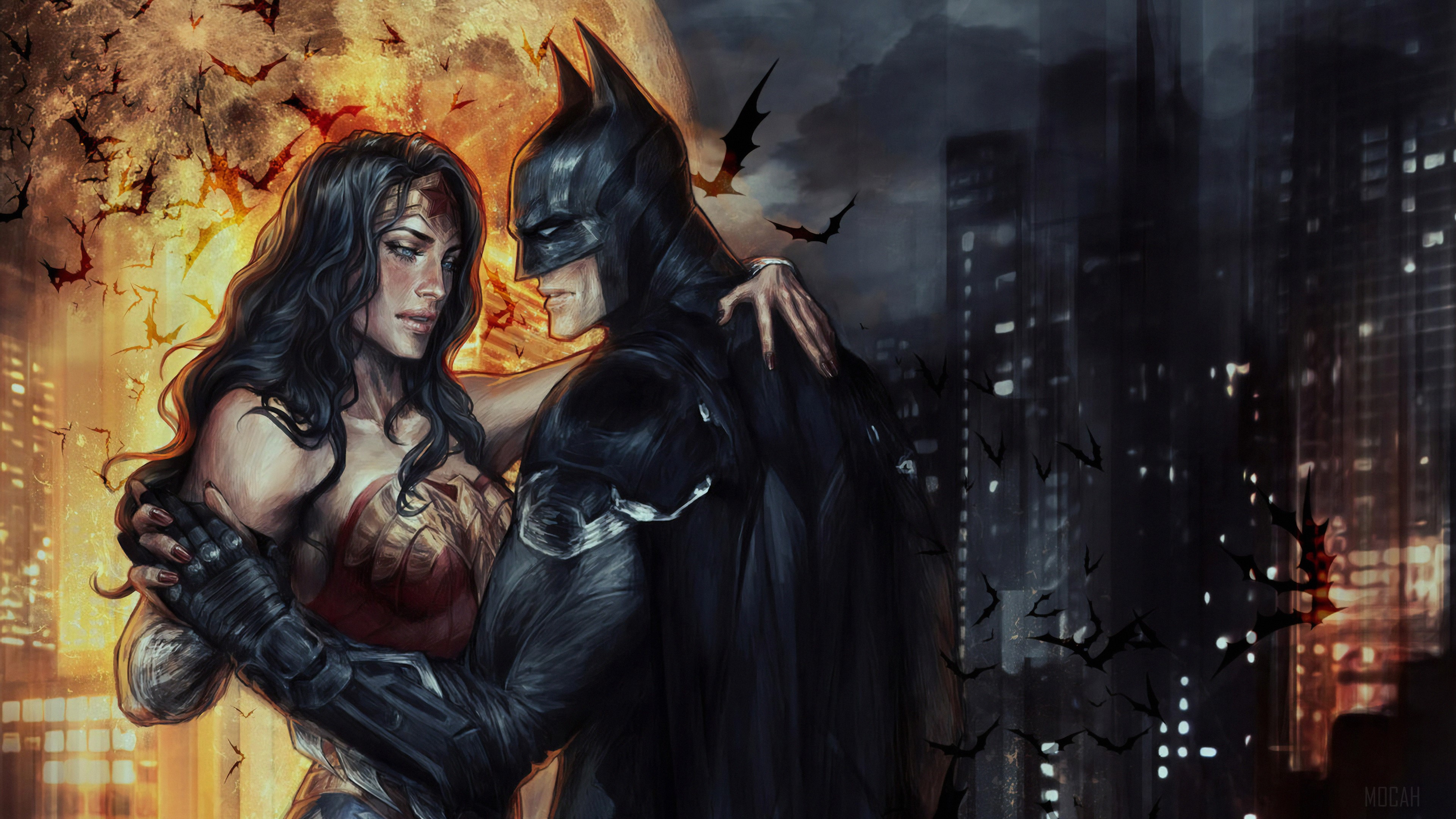 Batman and Wonder Woman dancing with bats and city background 4K HD Wallpaper