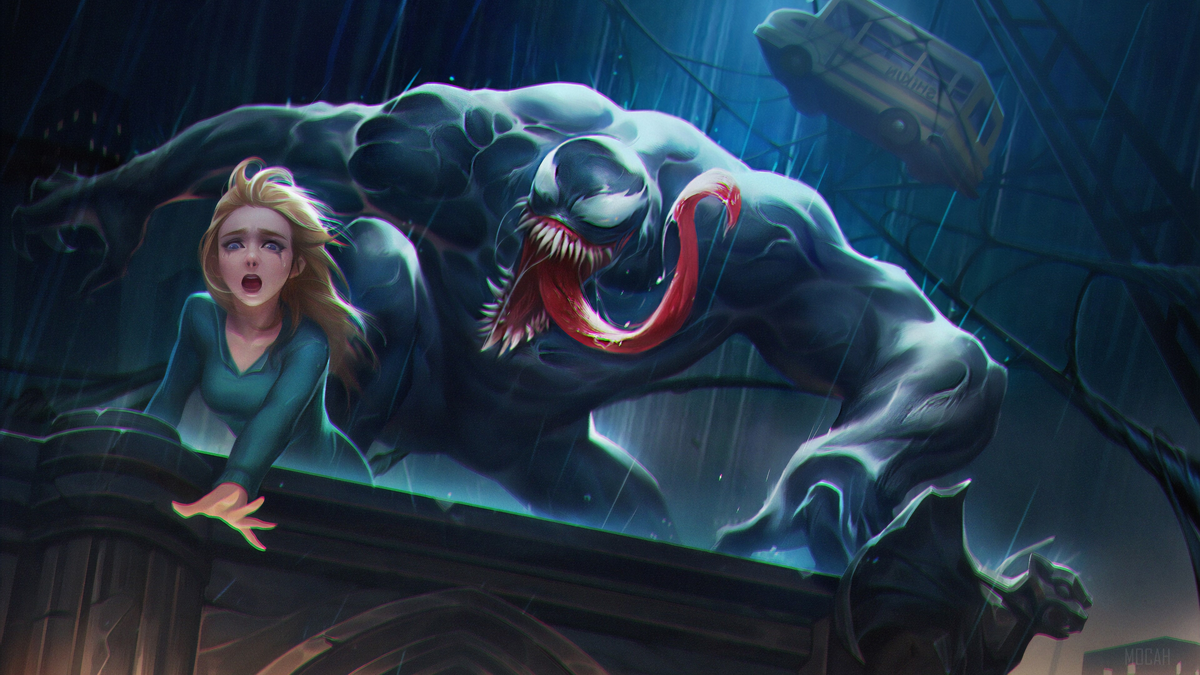 Venom and Elsa in a city during a storm 4K HD Wallpaper
