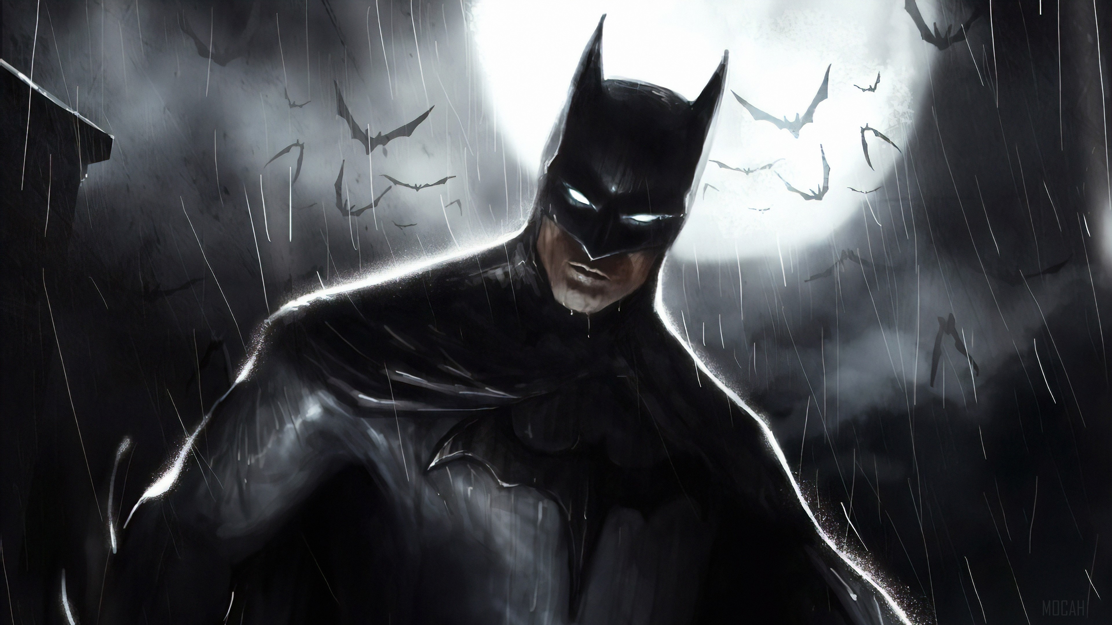 Batman in the rain with bats 4K HD Wallpaper