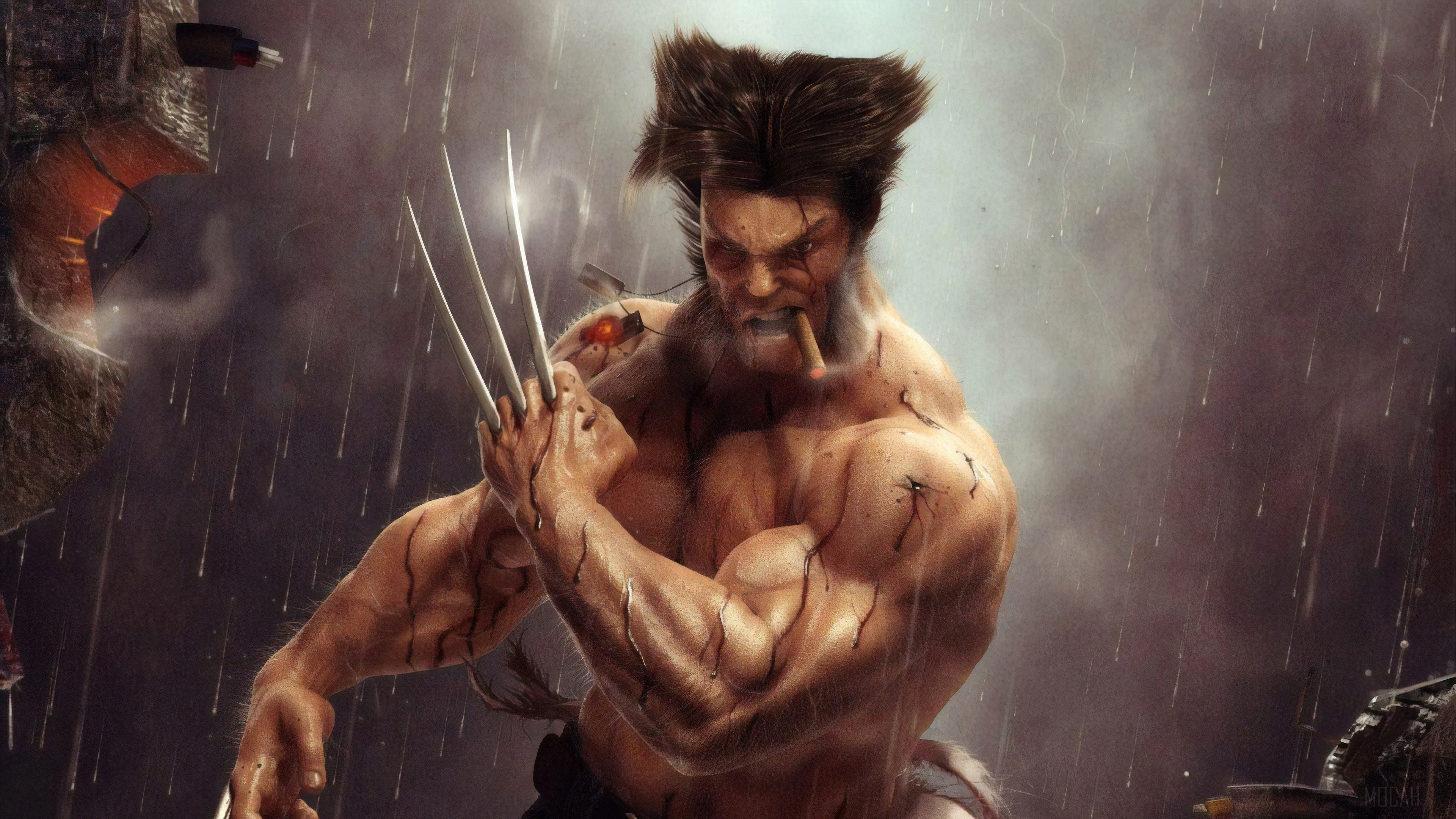 Wolverine with Claws and Cigar in Rain 4K HD Wallpaper
