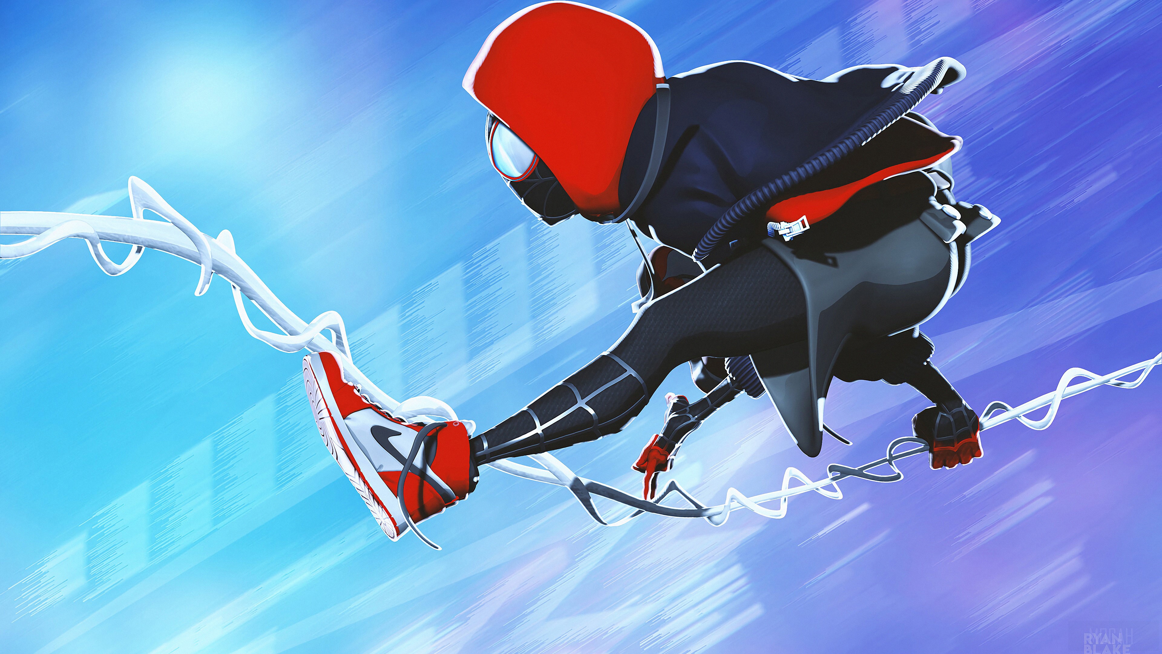 Miles Morales from Spider-Man swinging on webs HD Wallpaper