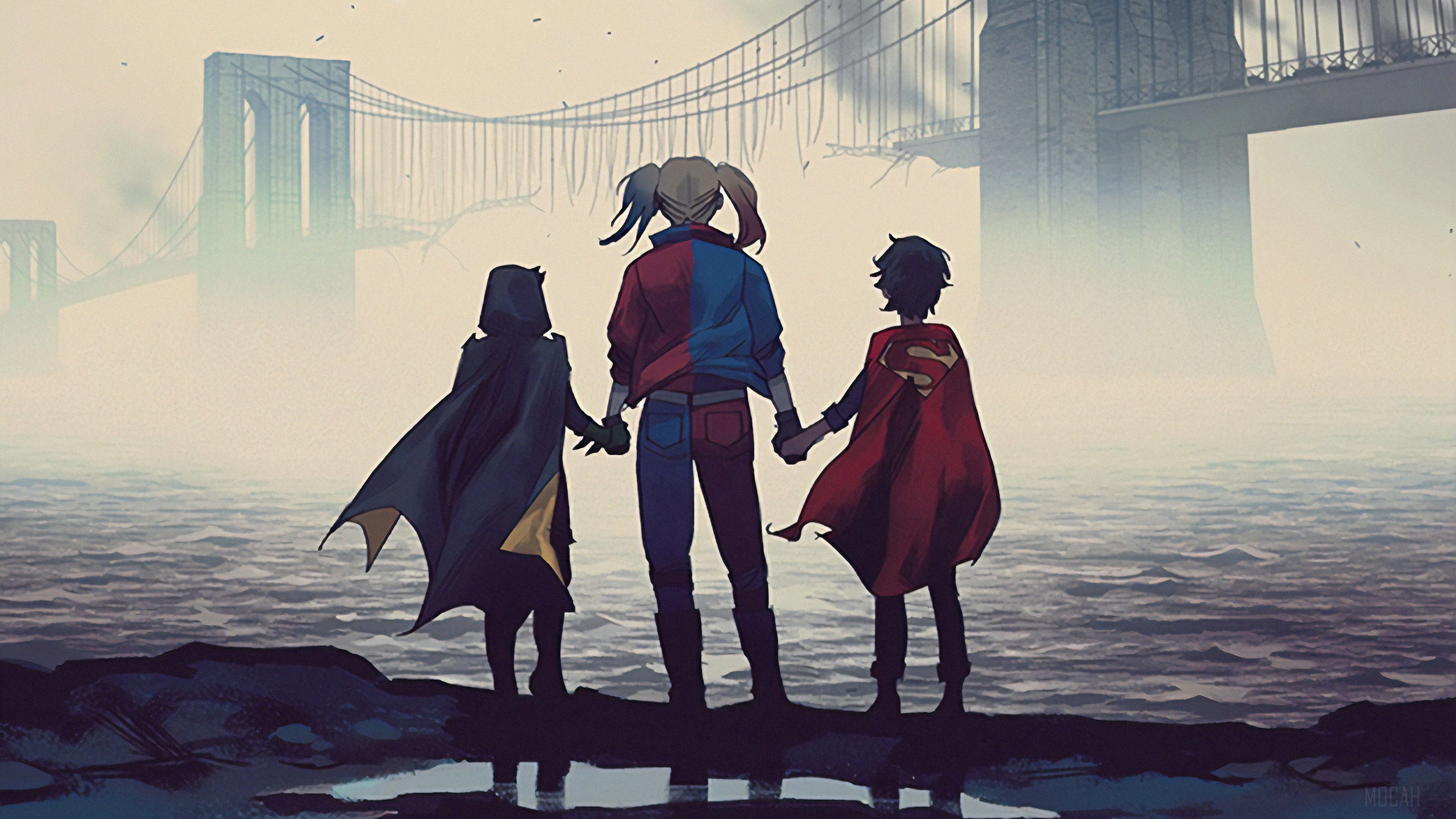 Harley Quinn, Batgirl, and Superboy by the bridge HD Wallpaper