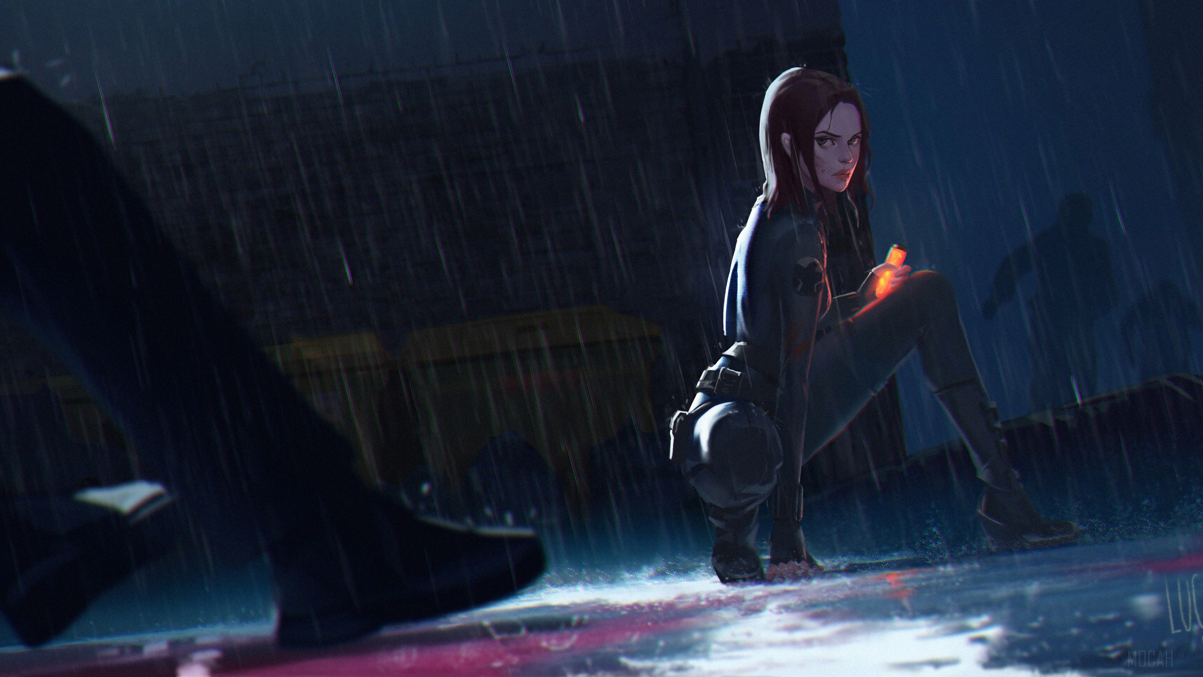 Black Widow in the Rain 4K HD Wallpaper