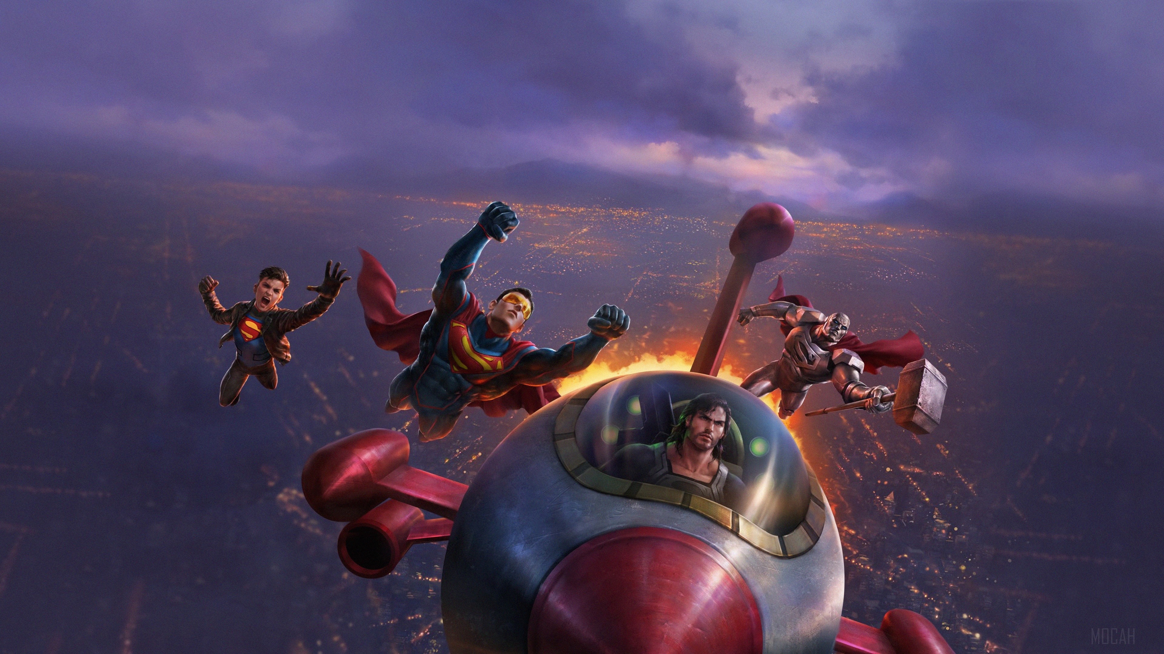 Superman and friends flying over a city at night HD Wallpaper