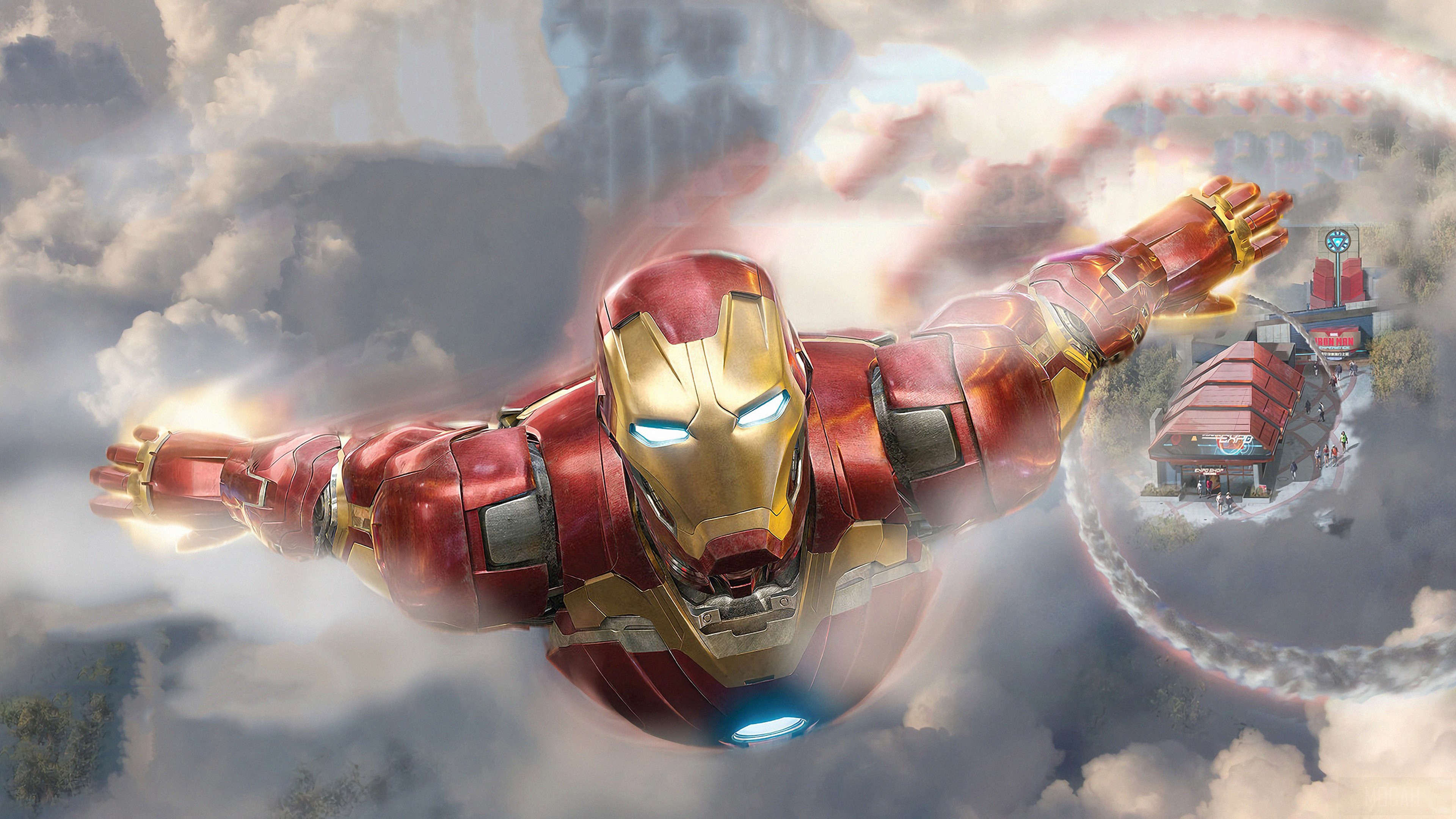 Iron Man flying near buildings in clouds 4K HD Wallpaper