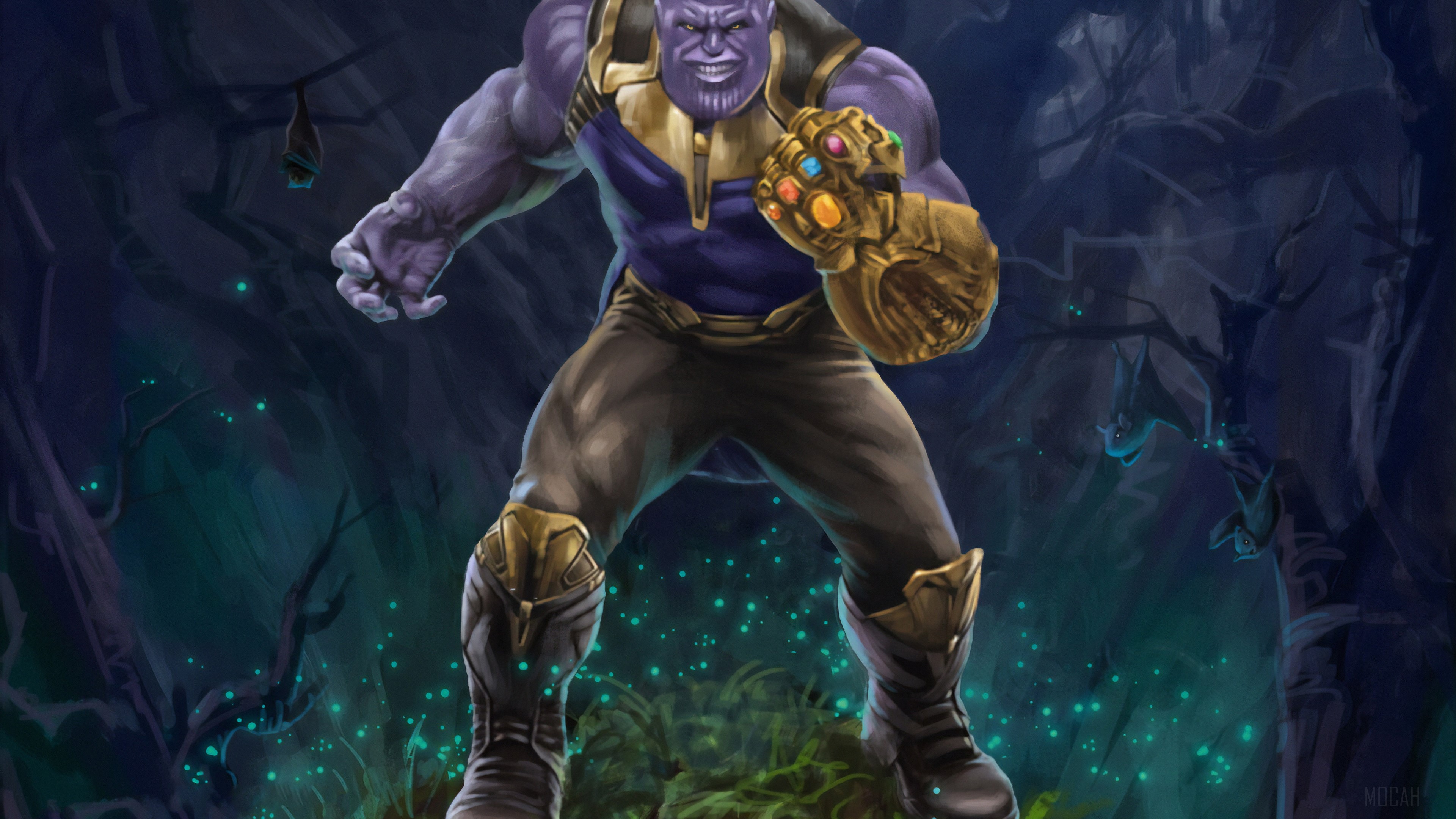 Thanos with Infinity Gauntlet in a dark forest HD Wallpaper