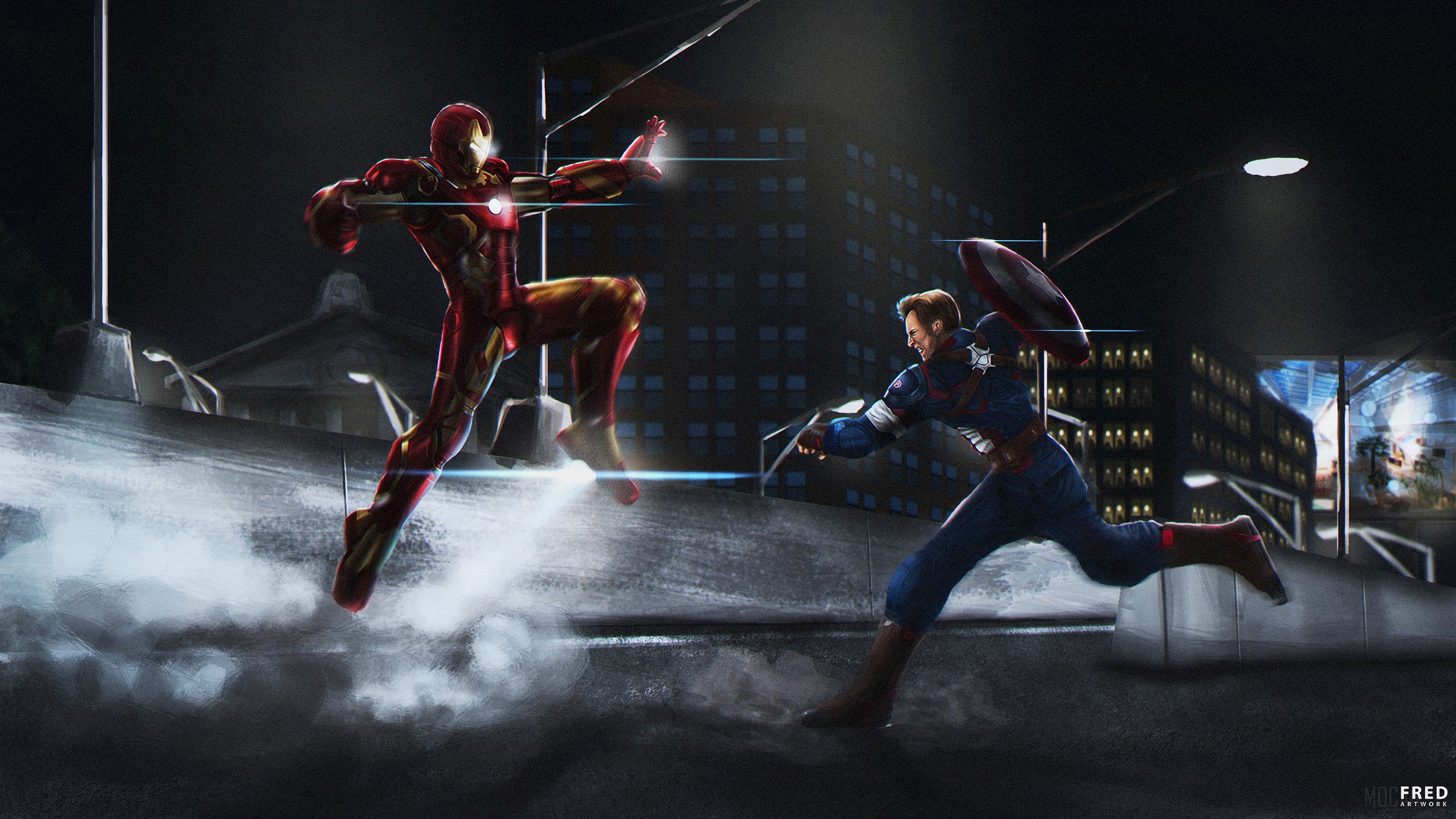 Captain America and Iron Man fighting in a city at night HD Wallpaper