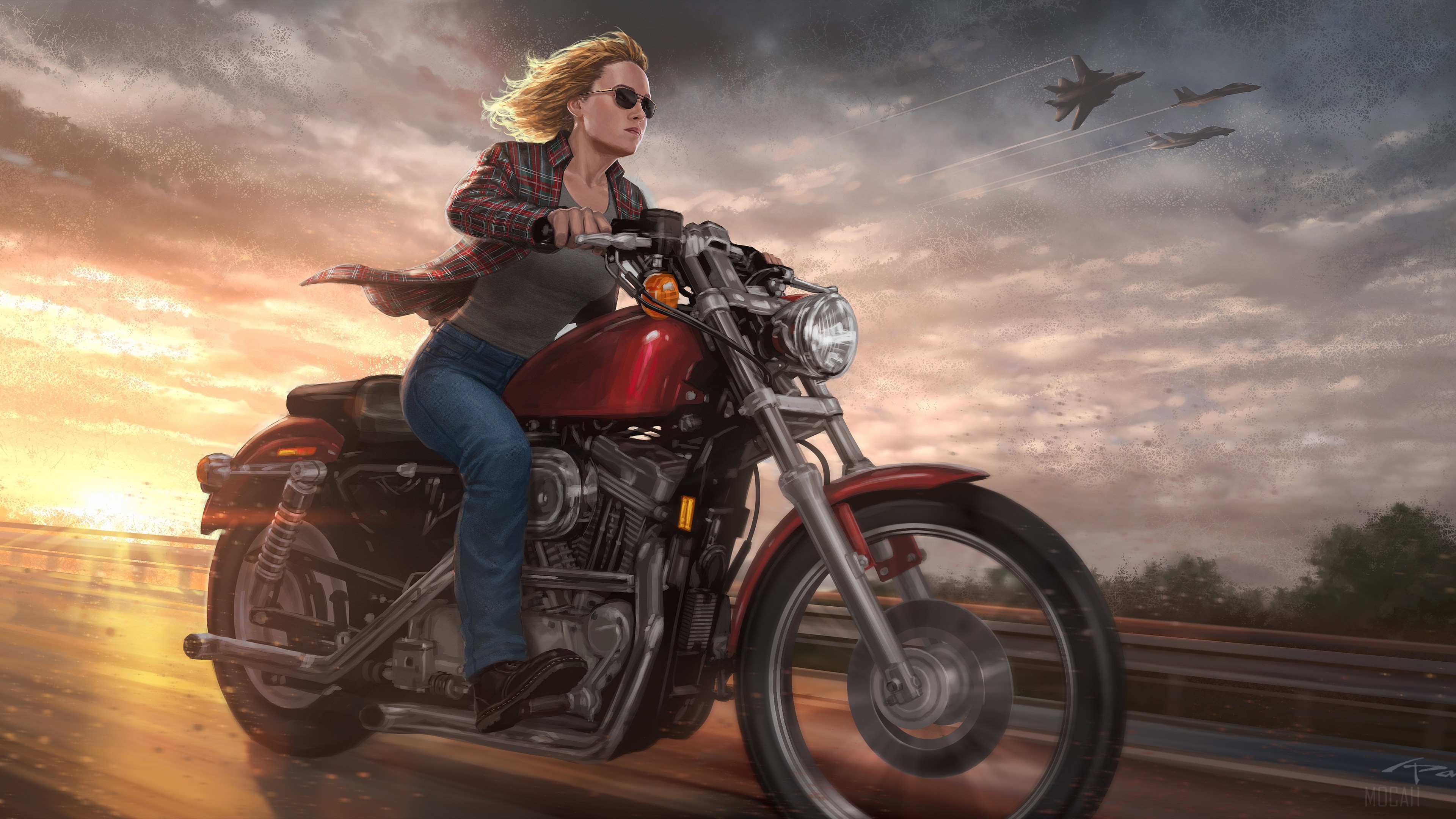 Captain Marvel on a Motorcycle with Fighter Jets 4K HD Wallpaper