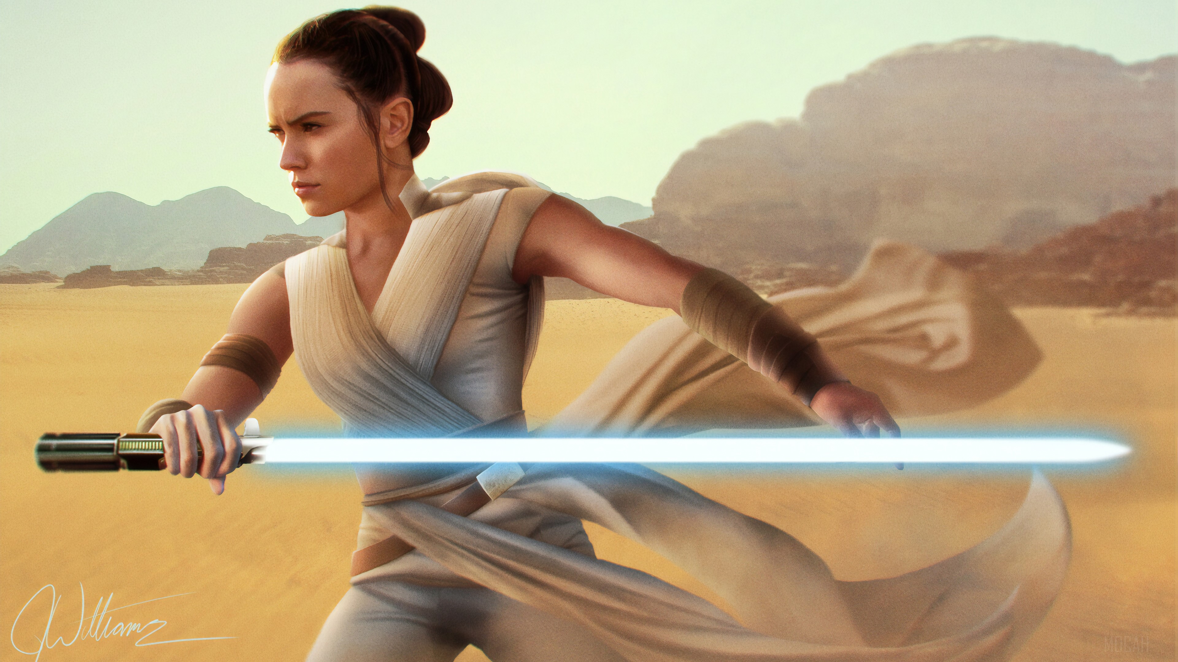 Rey from Star Wars with Lightsaber 4K HD Wallpaper