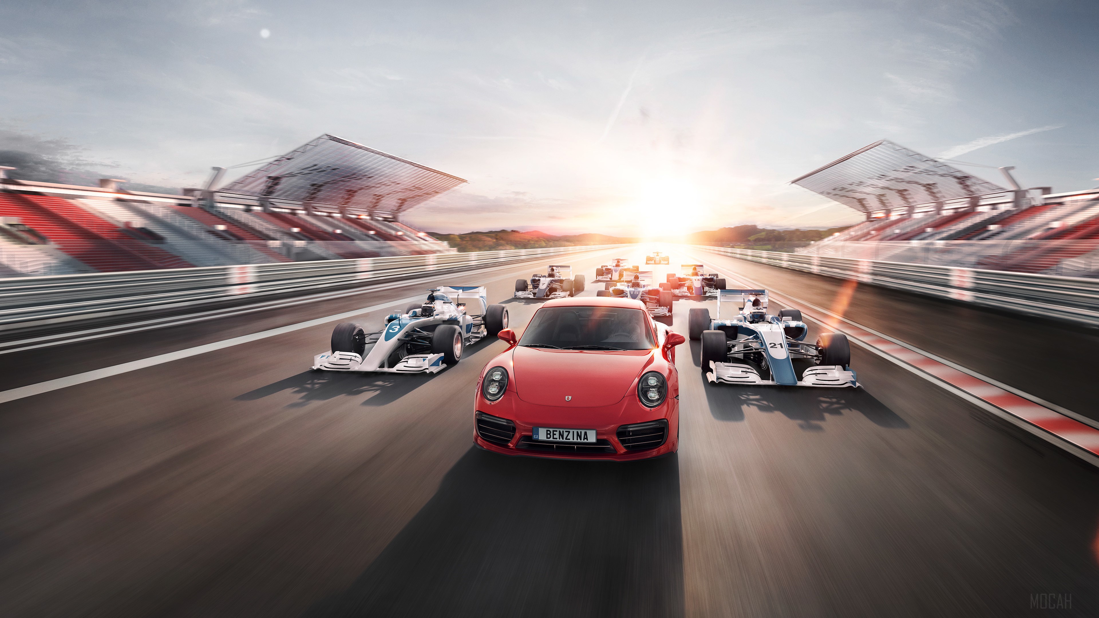 Porsche and F1 Cars on Race Track 4K HD Wallpaper